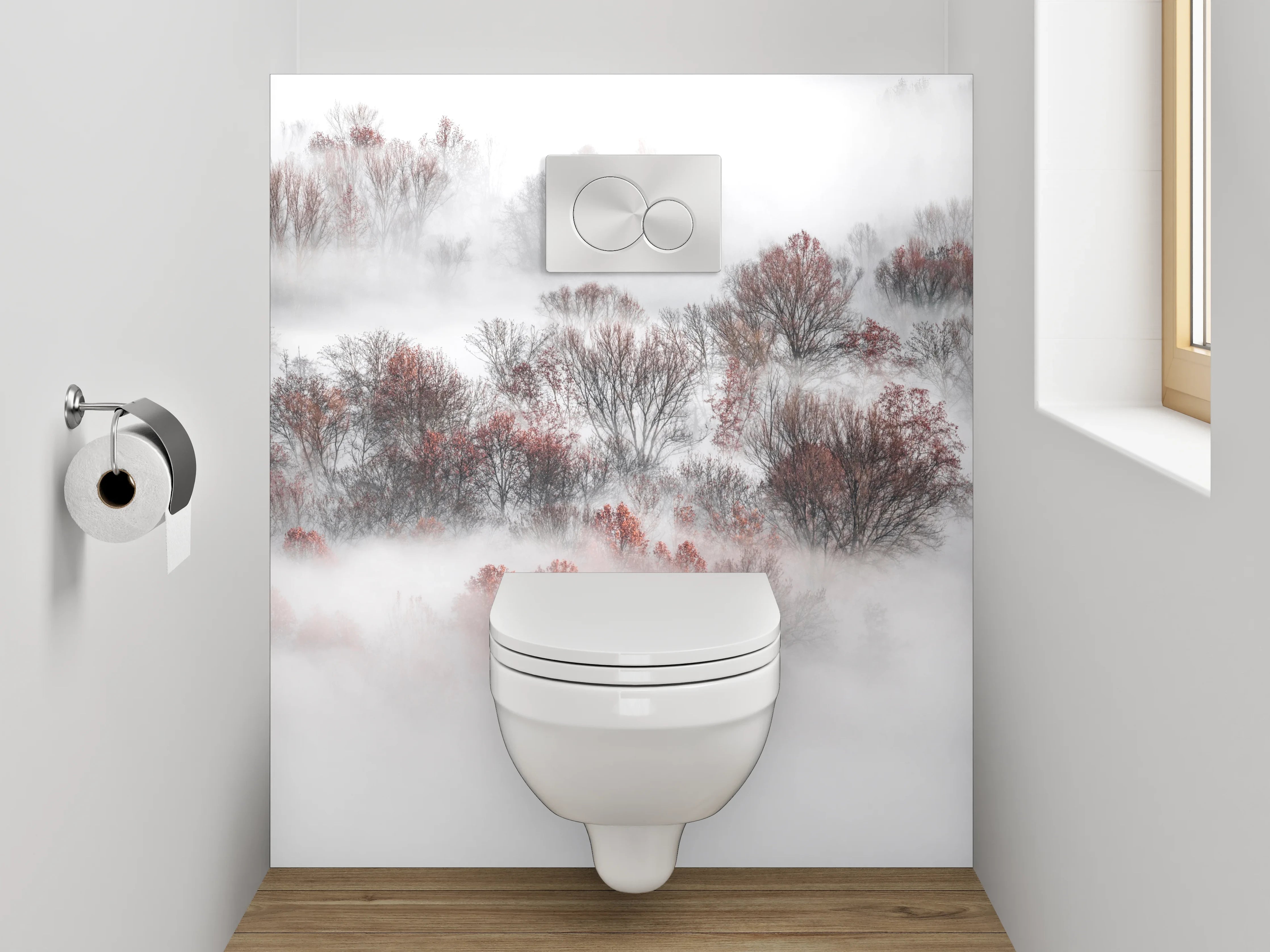 WC-Rückwand - Nebelwald Fotokunst Weiß Grau Braun