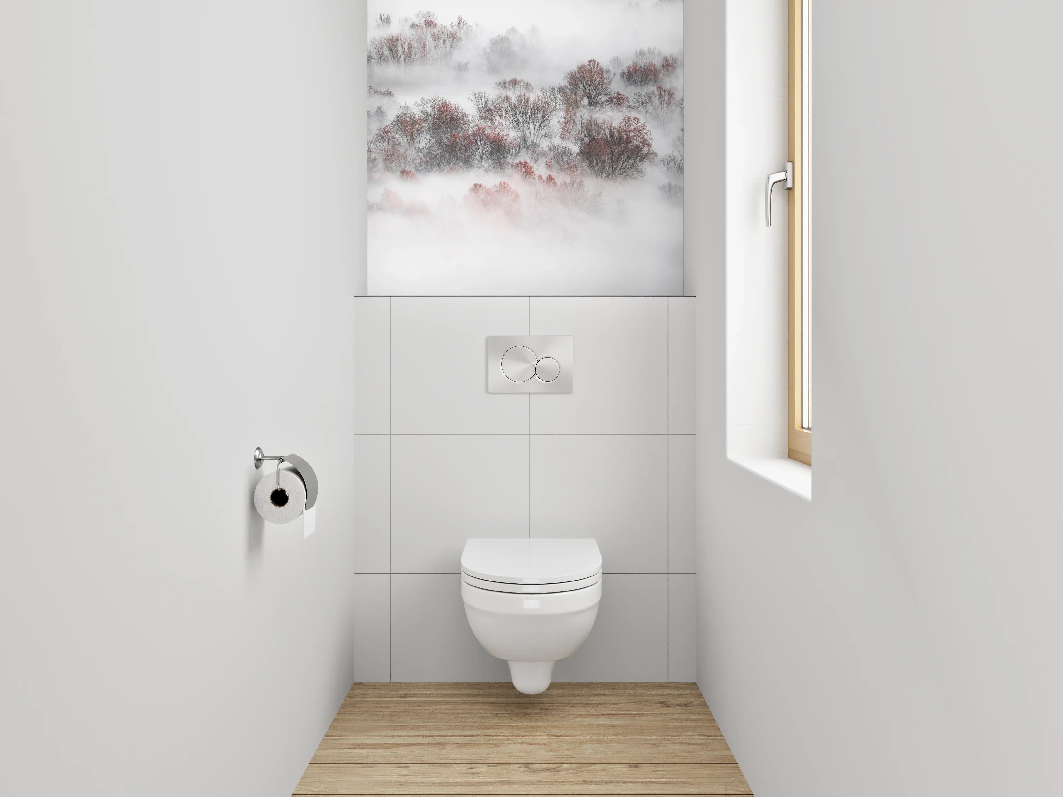 WC-Rückwand - Nebelwald Fotokunst Weiß Grau Braun