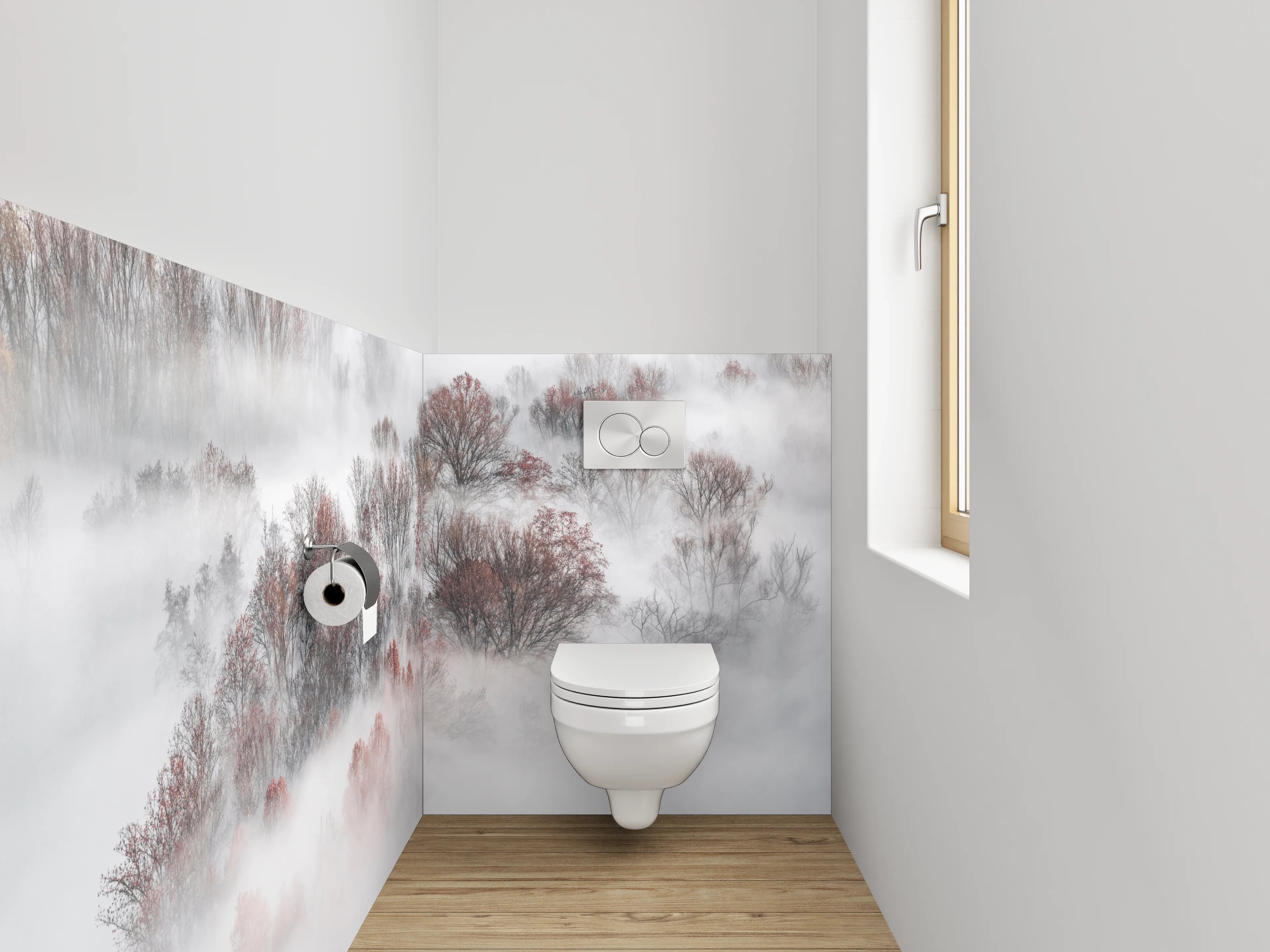 WC-Rückwand - Nebelwald Fotokunst Weiß Grau Braun