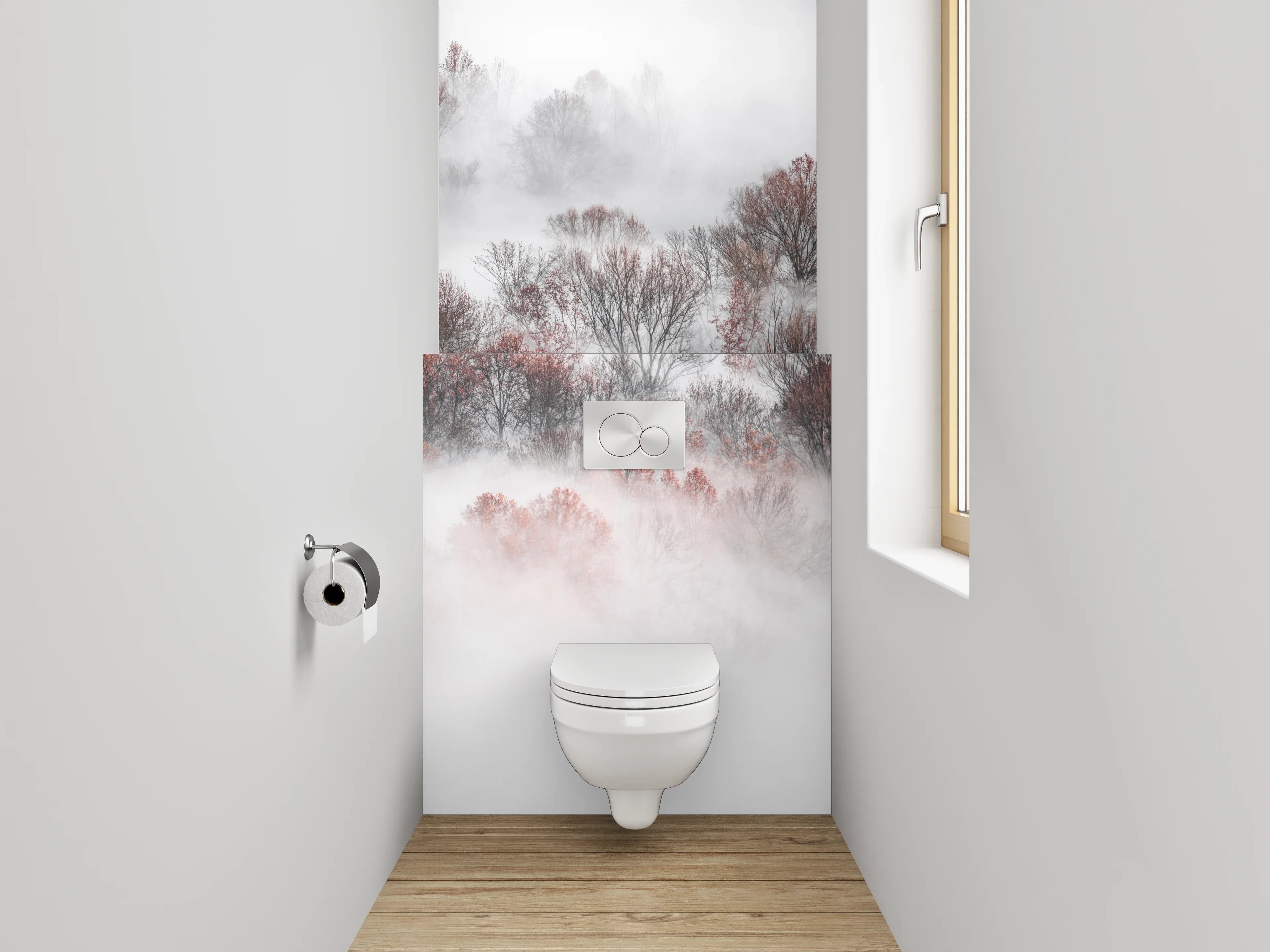 WC-Rückwand - Nebelwald Fotokunst Weiß Grau Braun