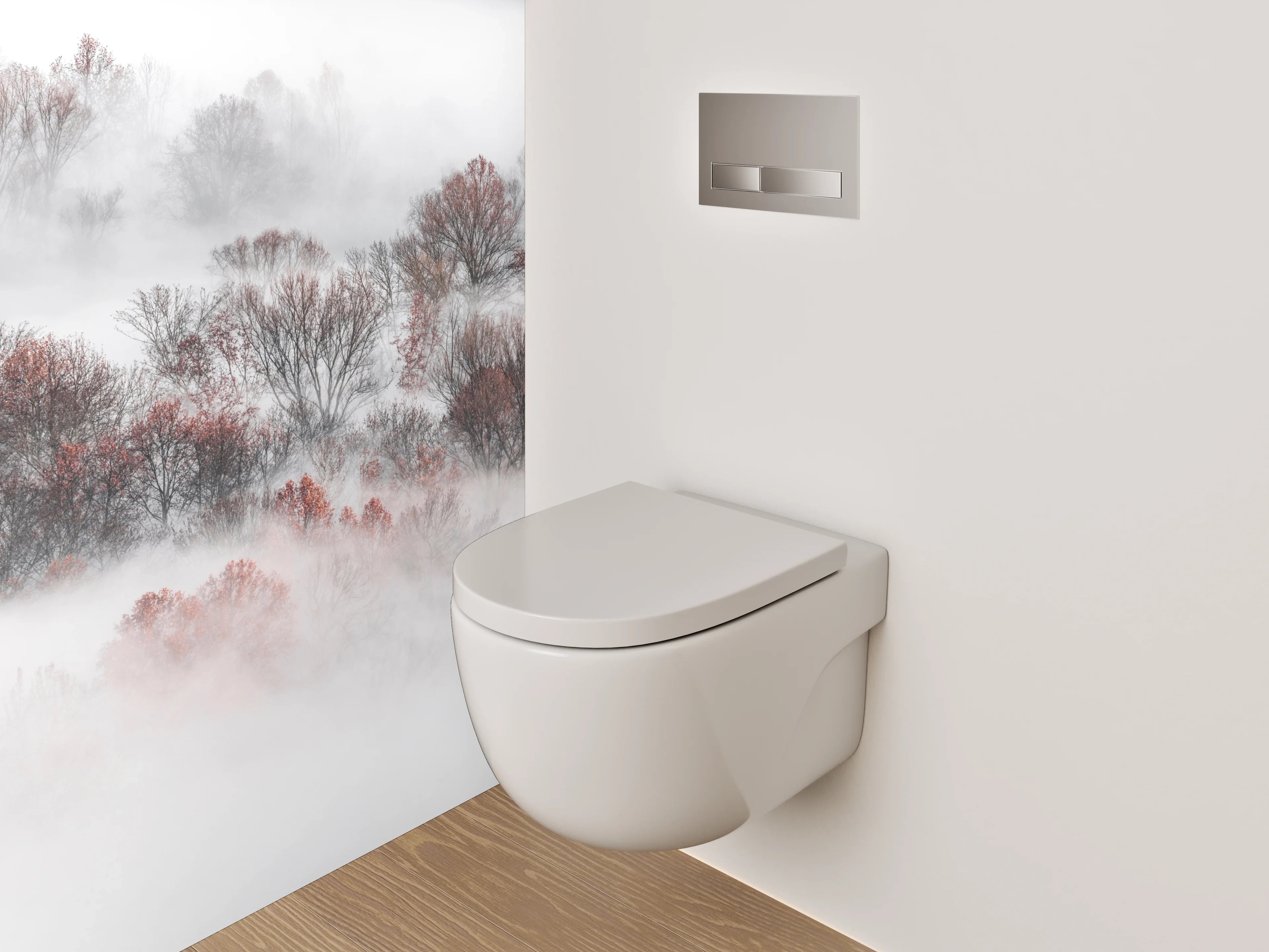 WC-Rückwand - Nebelwald Fotokunst Weiß Grau Braun