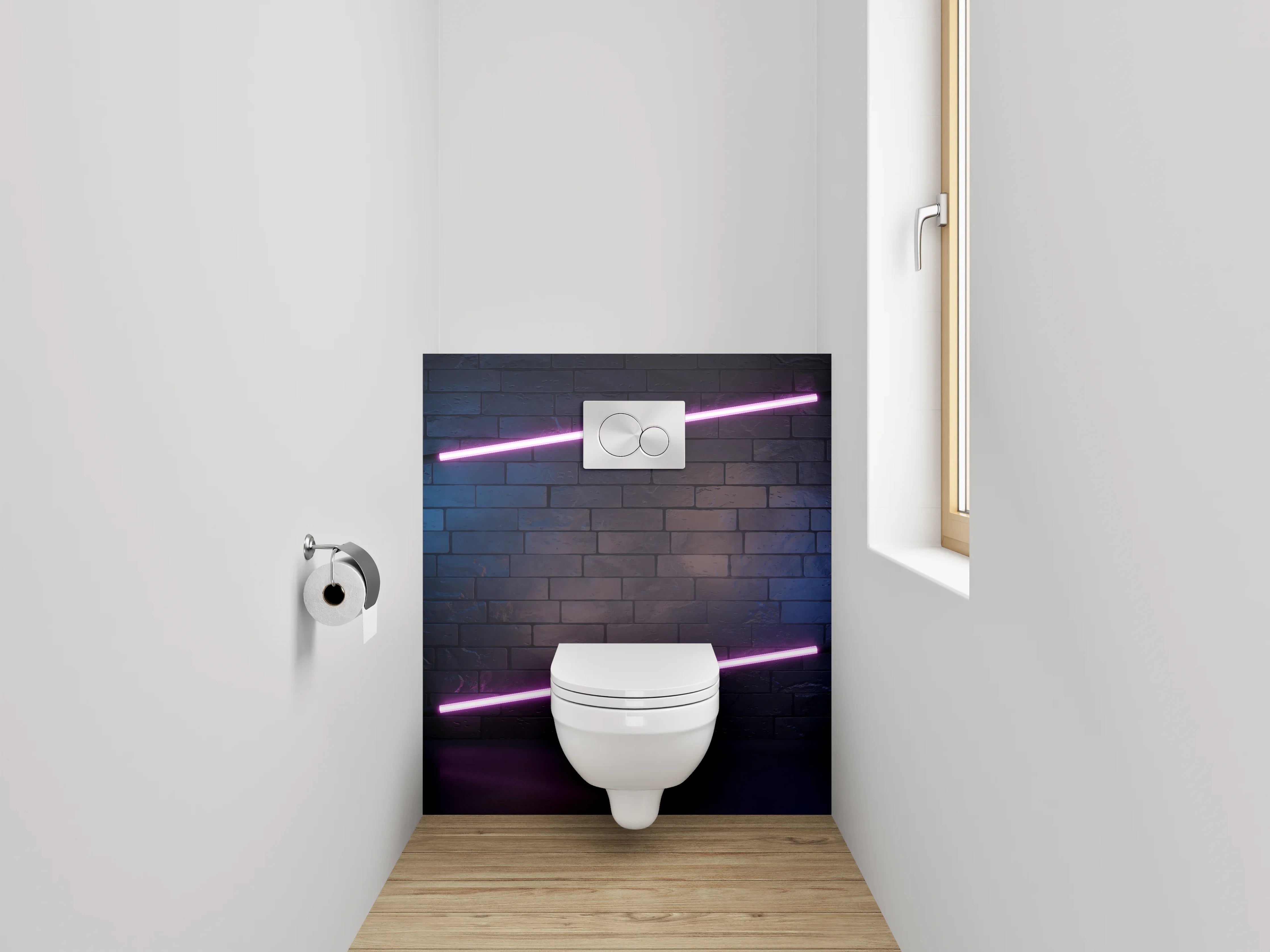WC-Rückwand - Neon Lichter auf Ziegelwand – Modernes Design