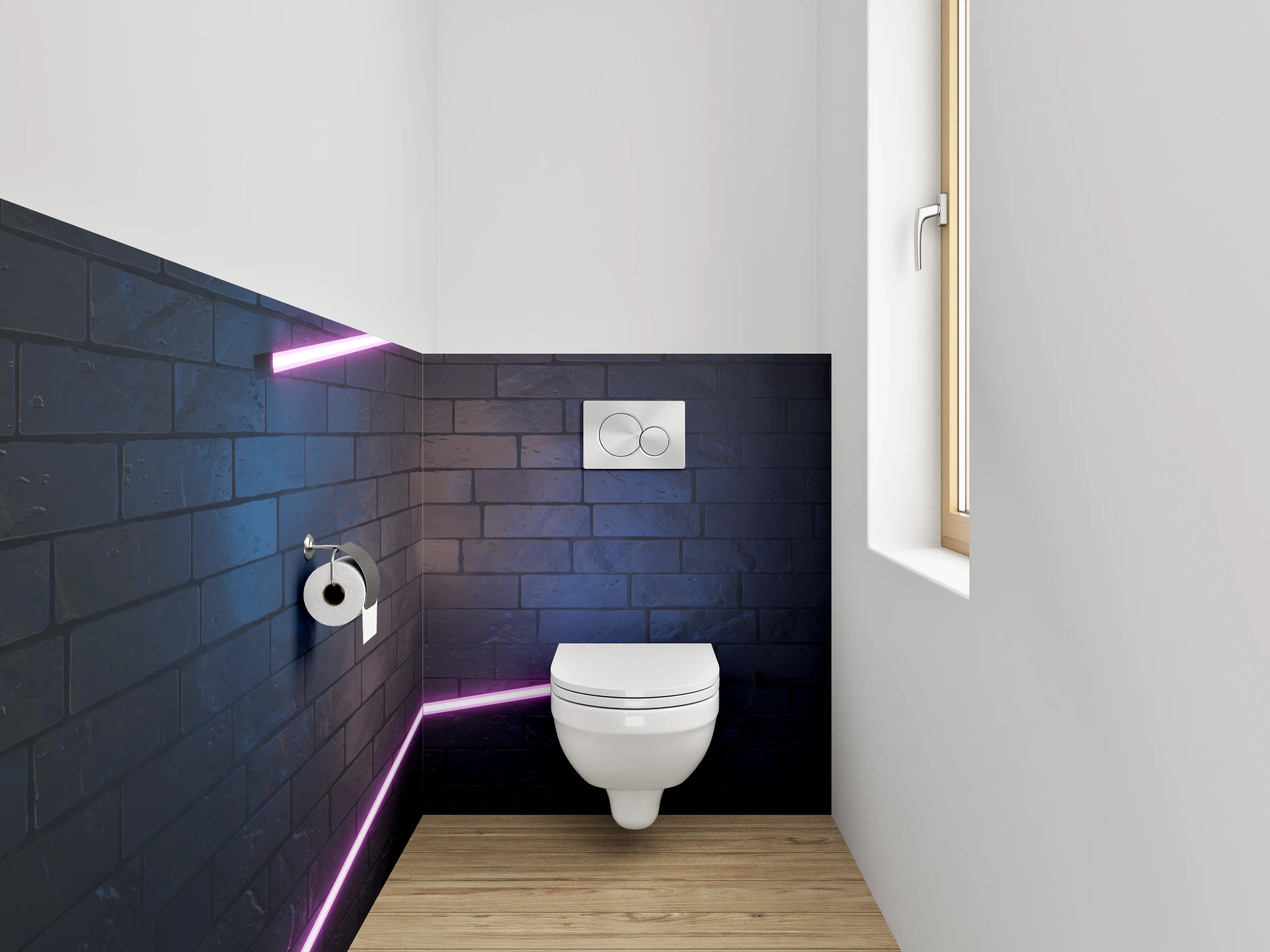WC-Rückwand - Neon Lichter auf Ziegelwand – Modernes Design