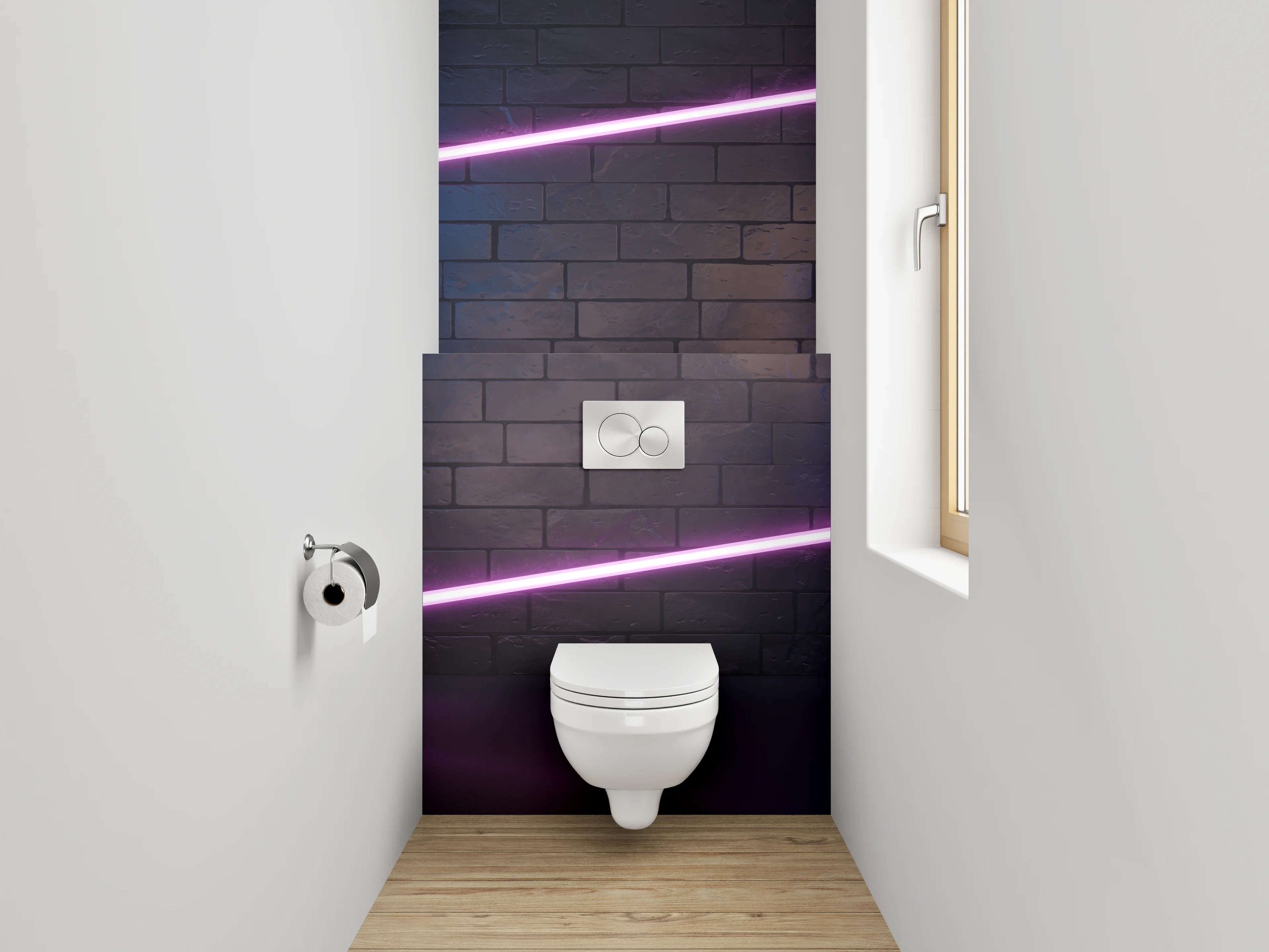 WC-Rückwand - Neon Lichter auf Ziegelwand – Modernes Design