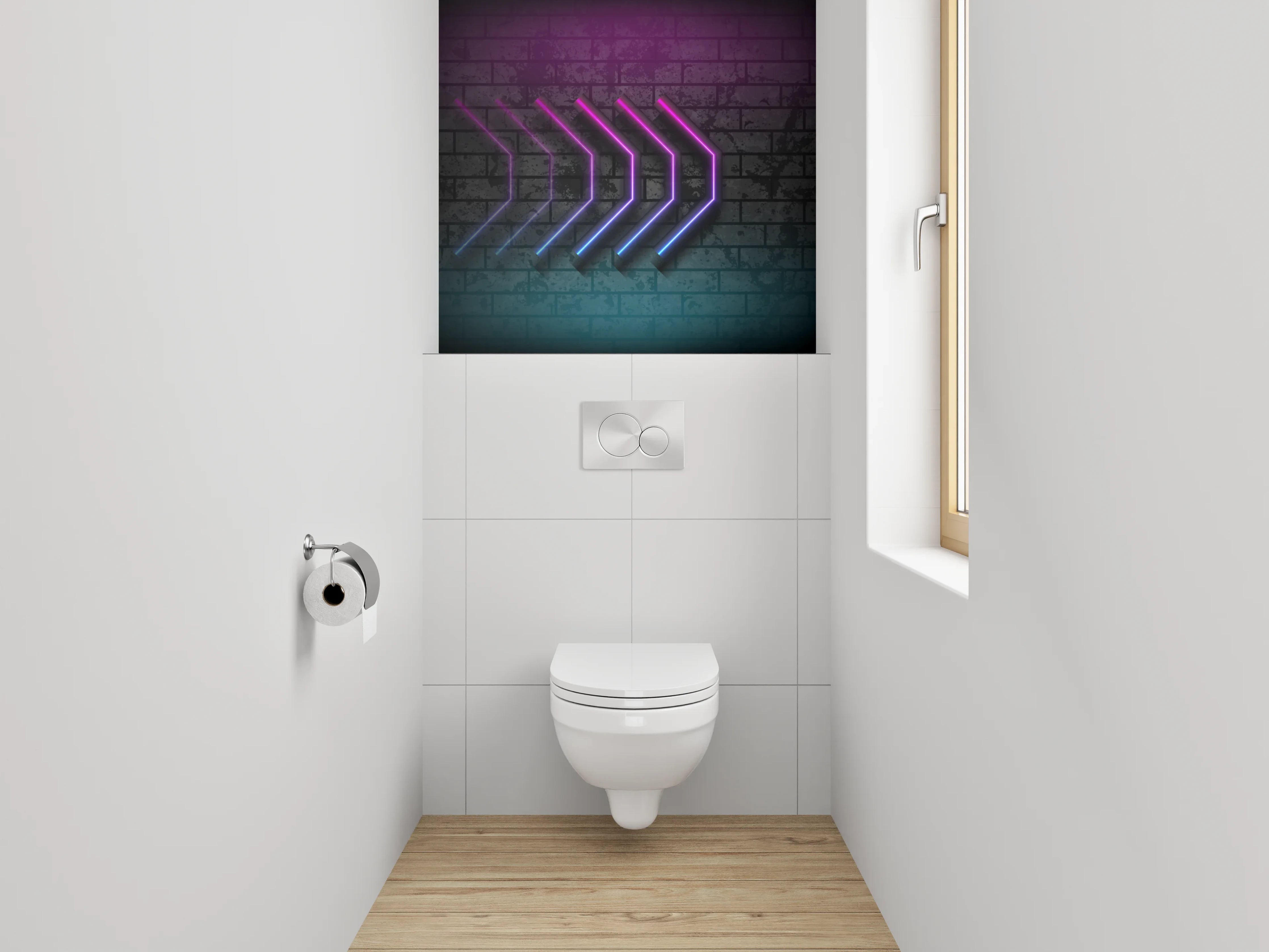 WC-Rückwand - Neon-Pfeile auf Ziegelwand – Retro Kunst