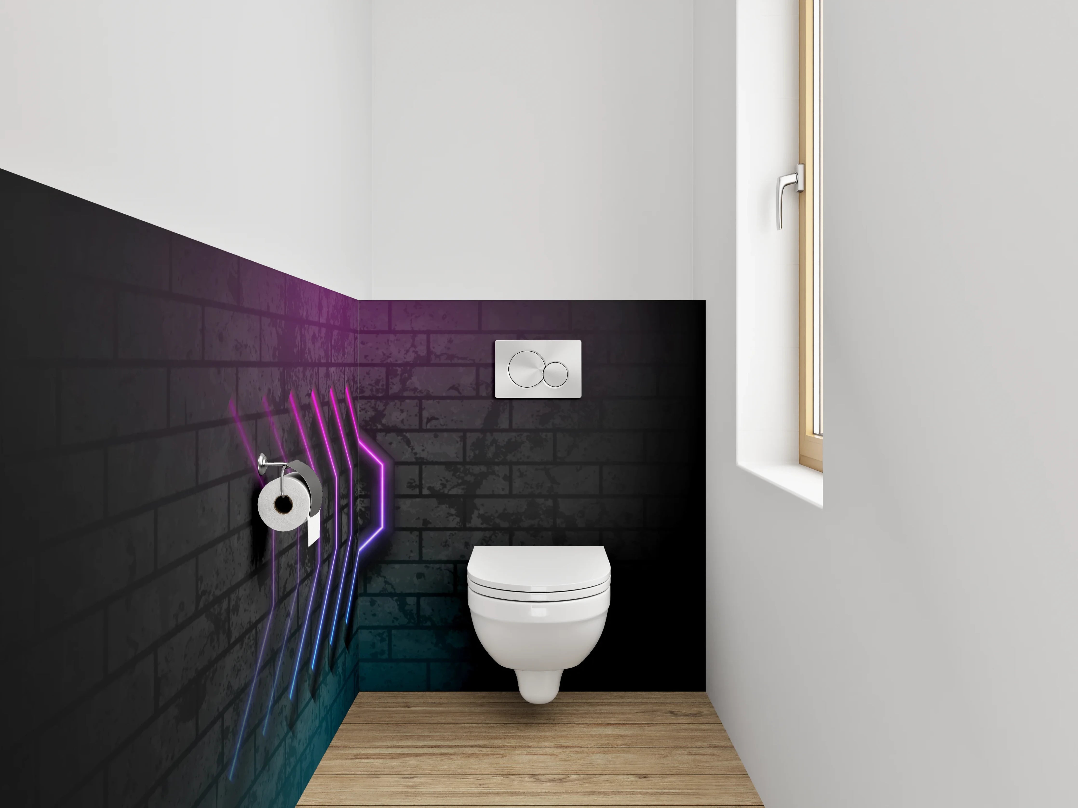 WC-Rückwand - Neon-Pfeile auf Ziegelwand – Retro Kunst