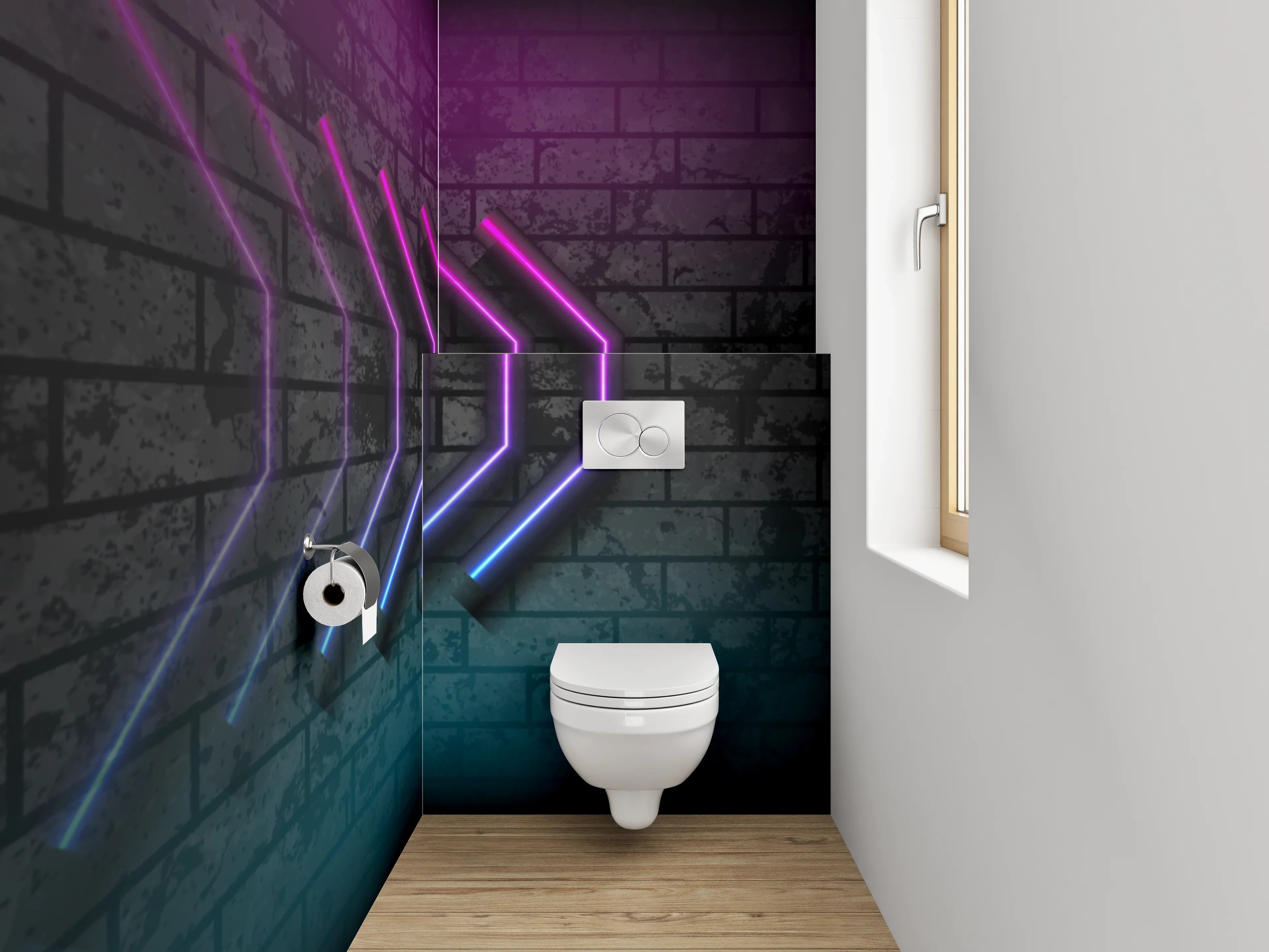 WC-Rückwand - Neon-Pfeile auf Ziegelwand – Retro Kunst