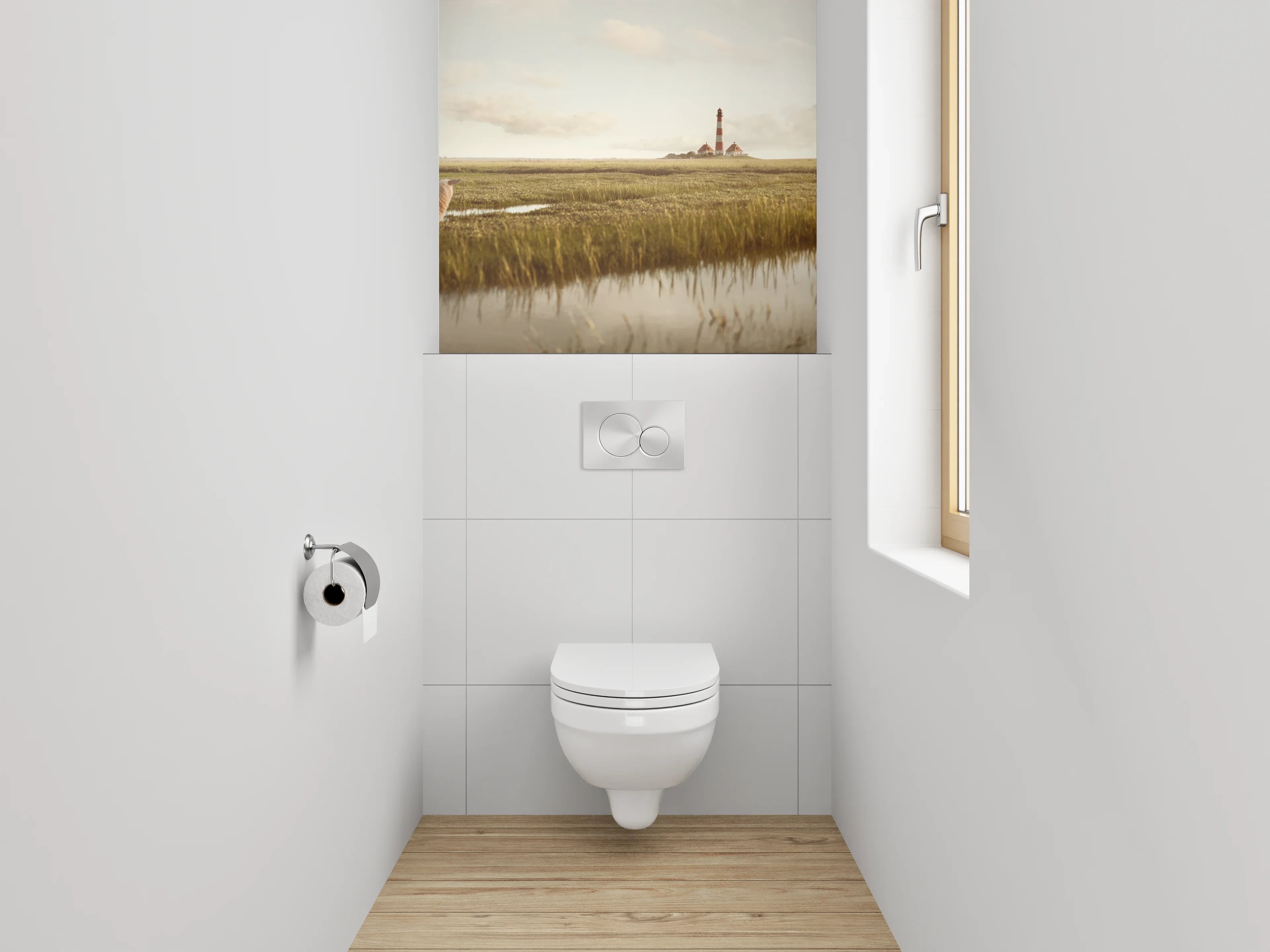 WC-Rückwand - Norddeutsche Marschlandschaft mit Leuchtturm