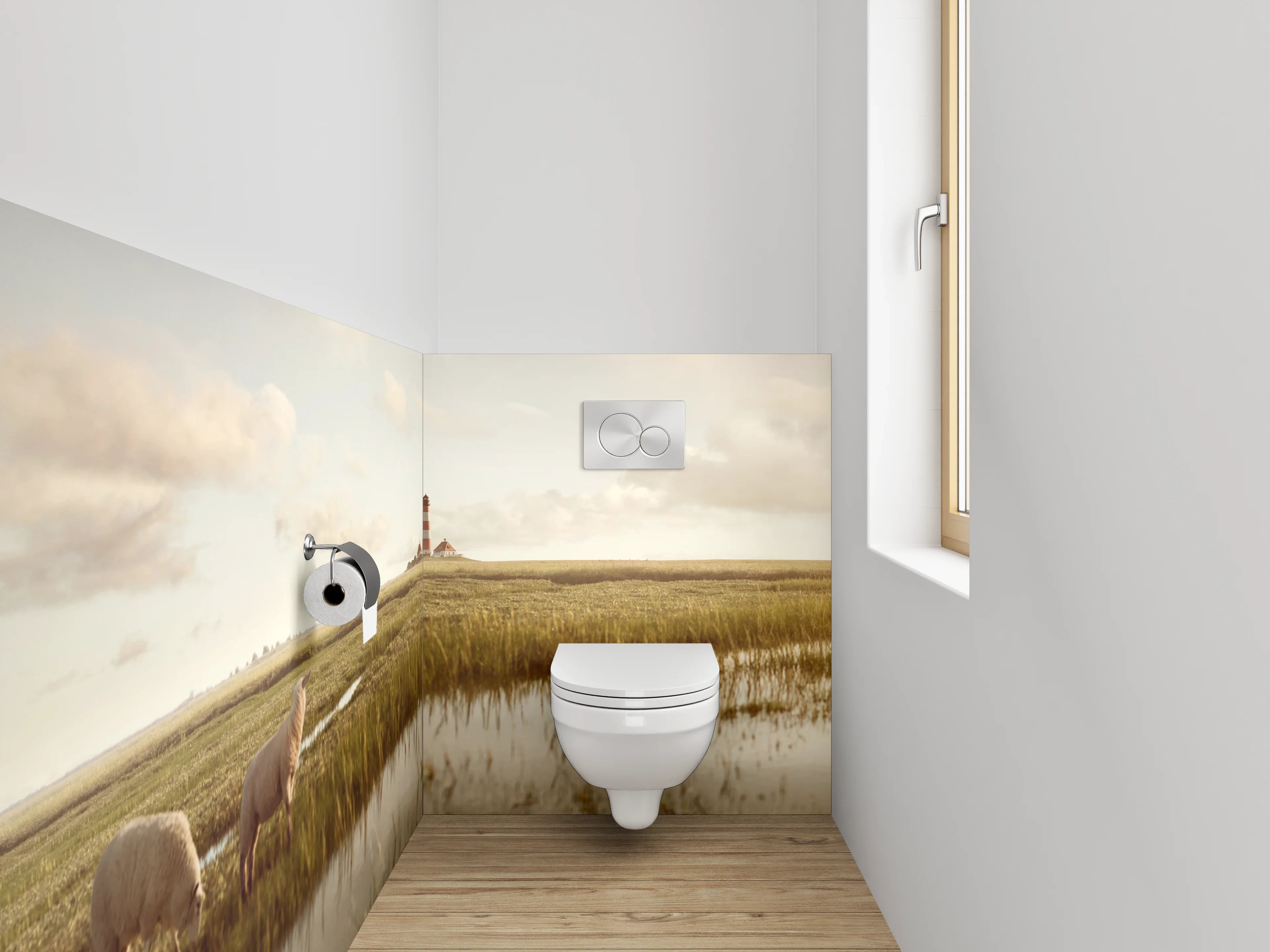WC-Rückwand - Norddeutsche Marschlandschaft mit Leuchtturm