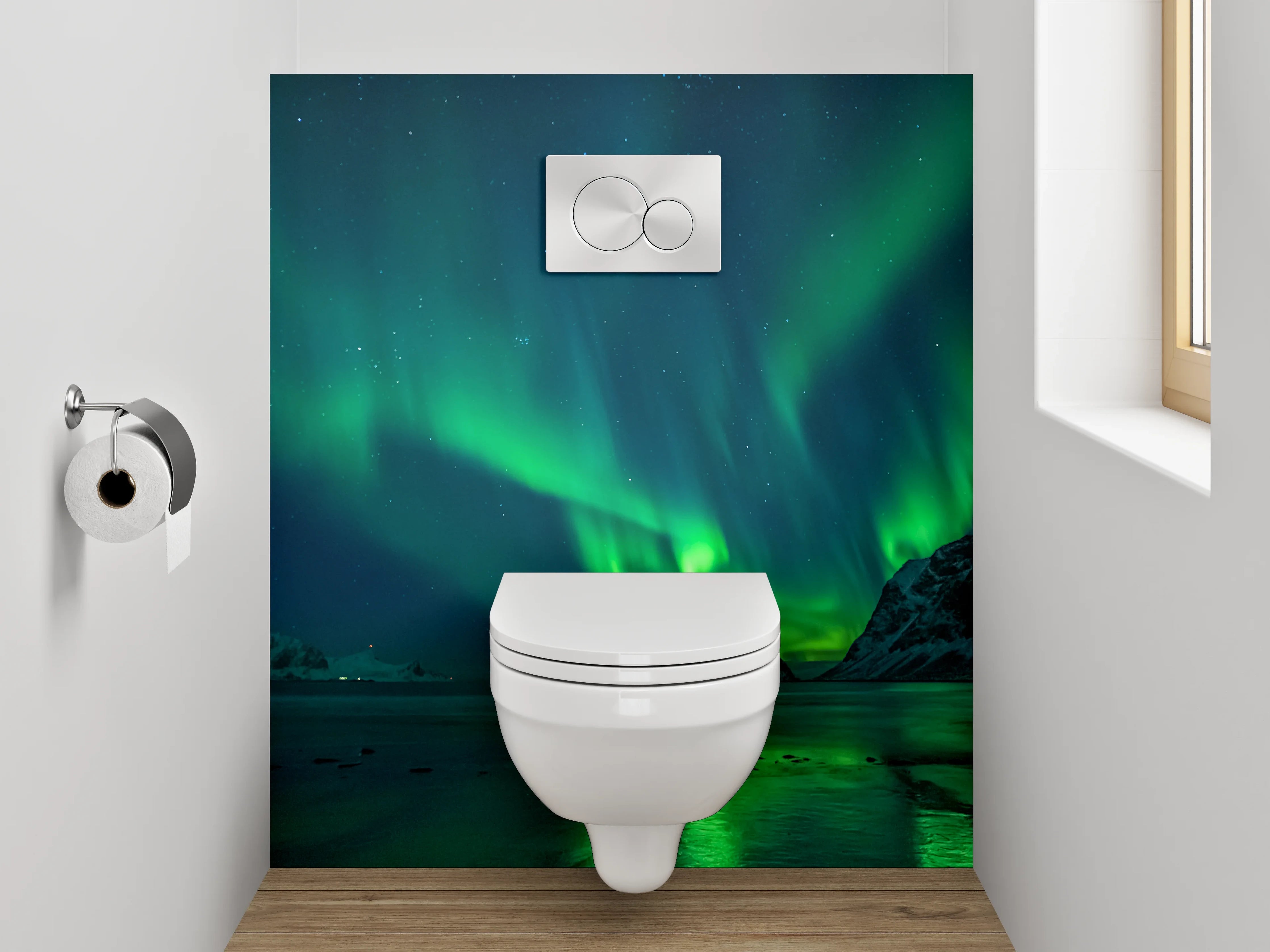 WC-Rückwand - Nordlicht über verschneiten Bergen