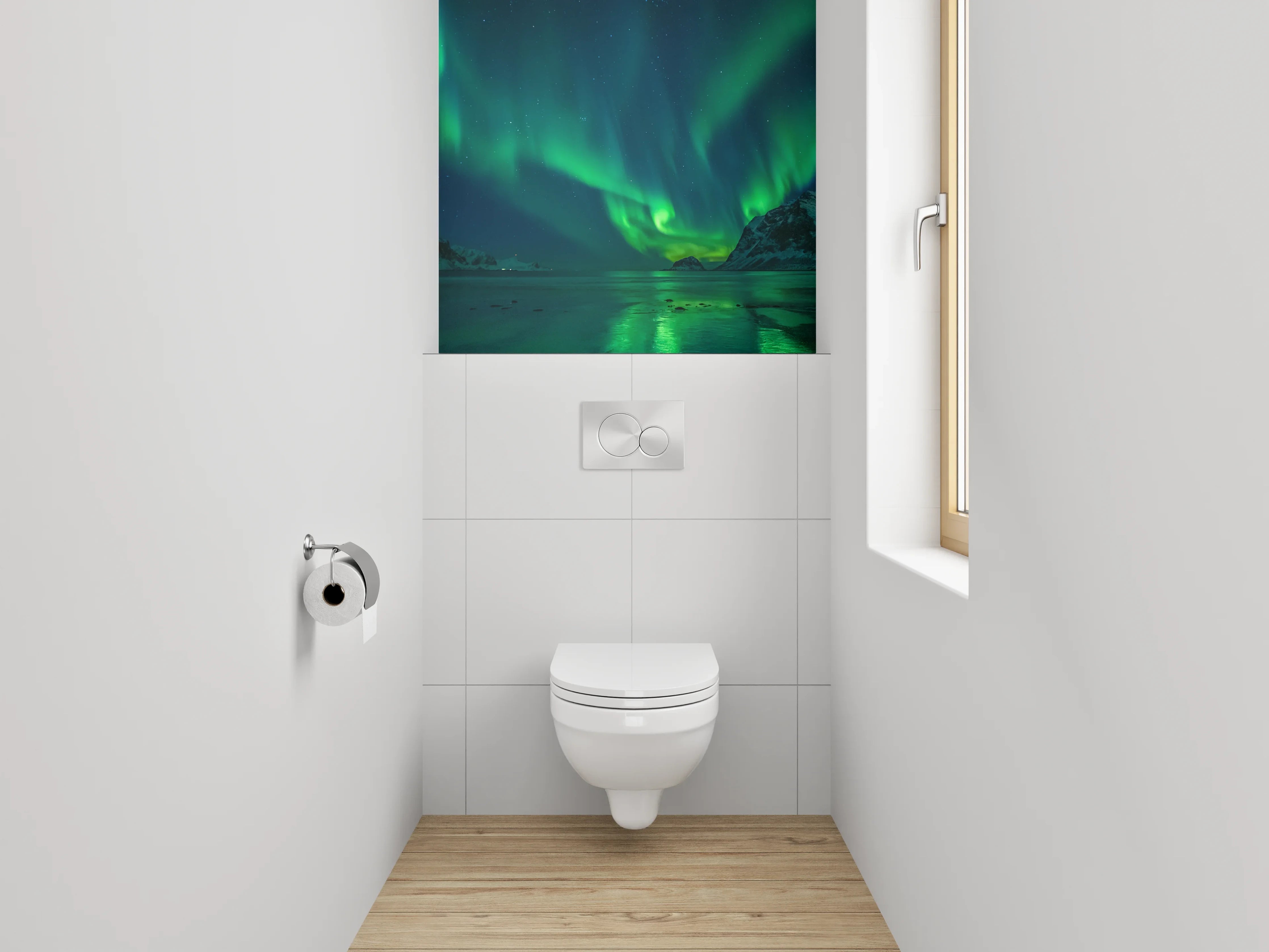 WC-Rückwand - Nordlicht über verschneiten Bergen