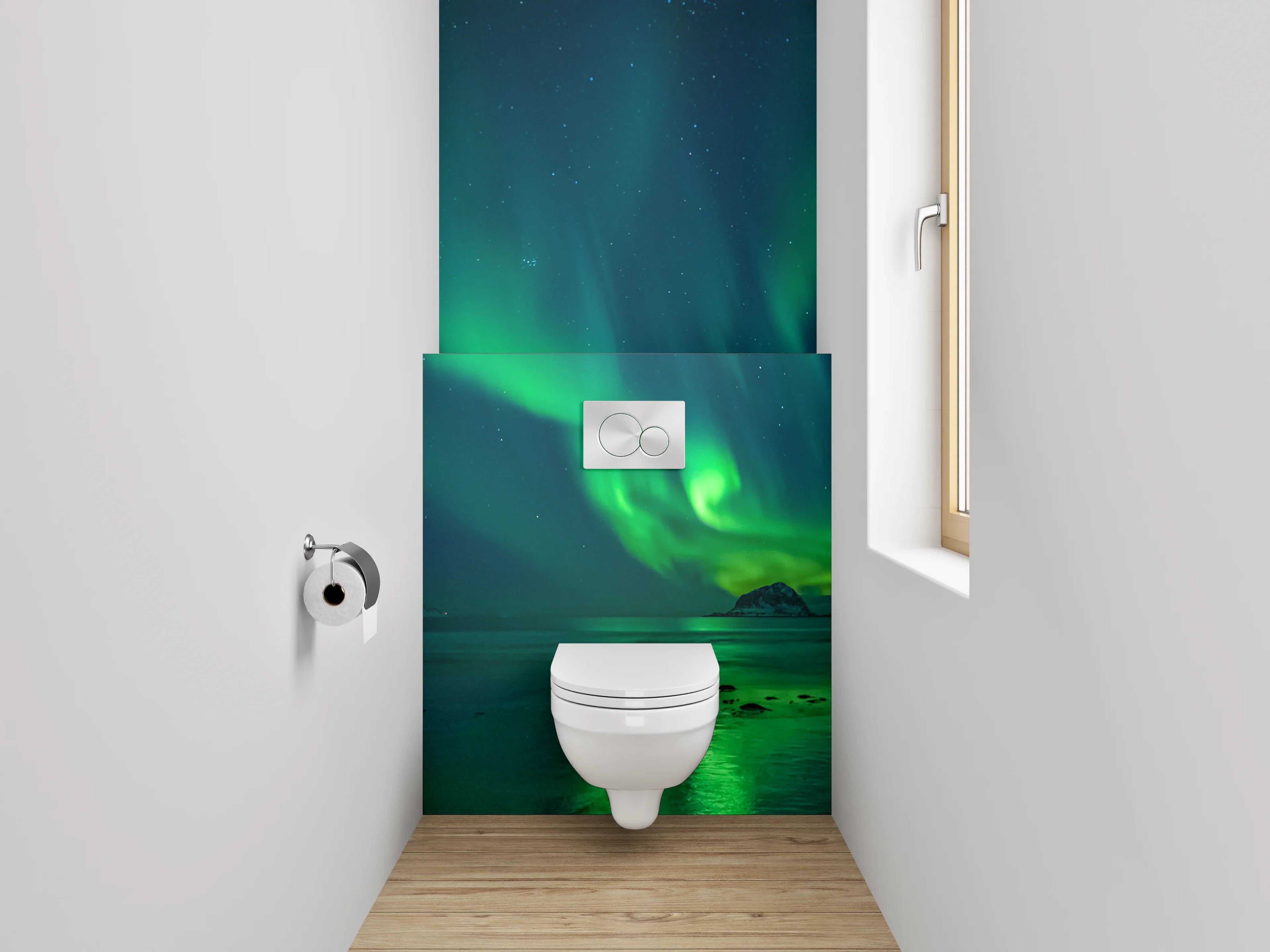 WC-Rückwand - Nordlicht über verschneiten Bergen