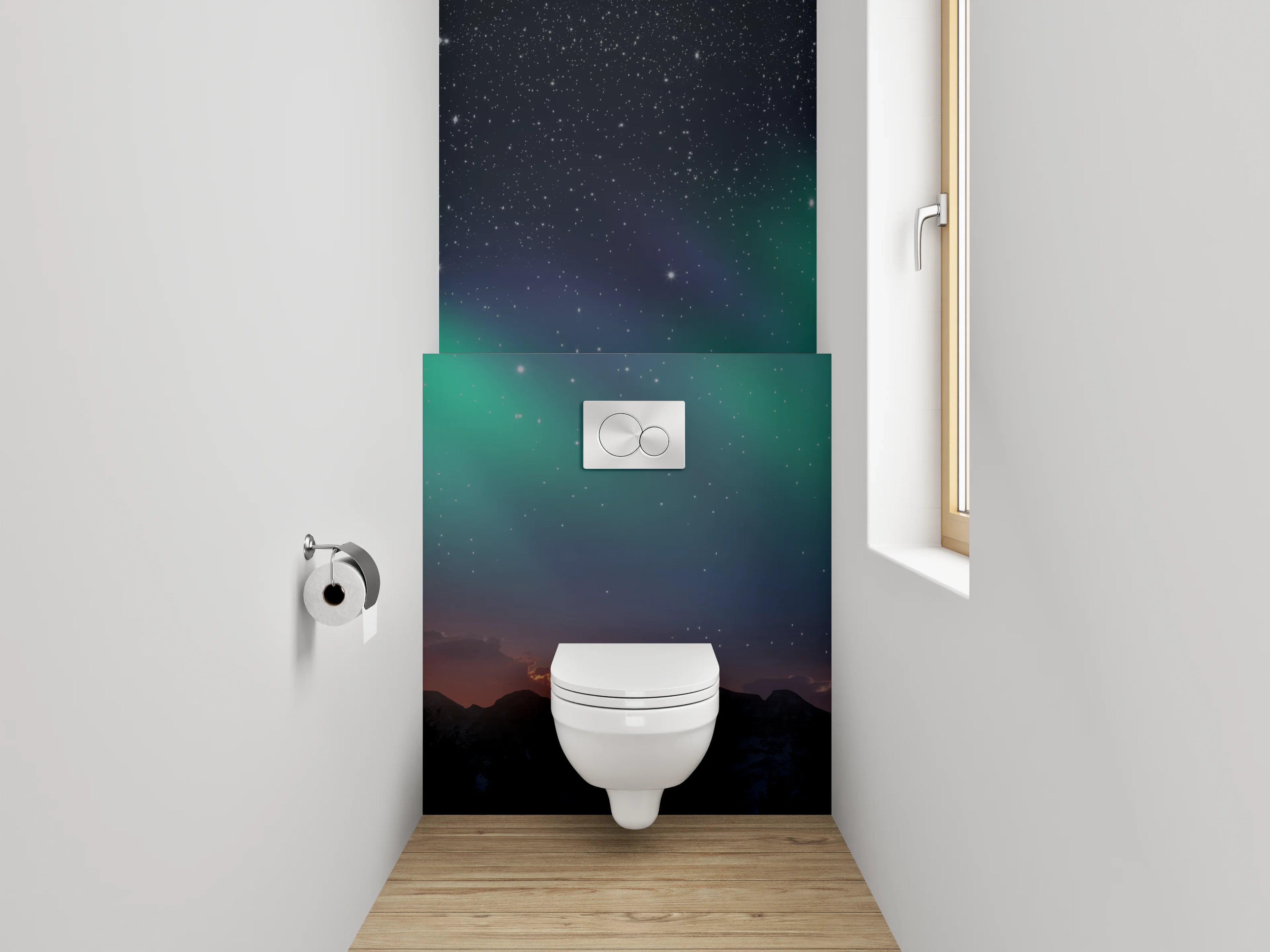 WC-Rückwand - Nordlichter über Berglandschaft Panorama