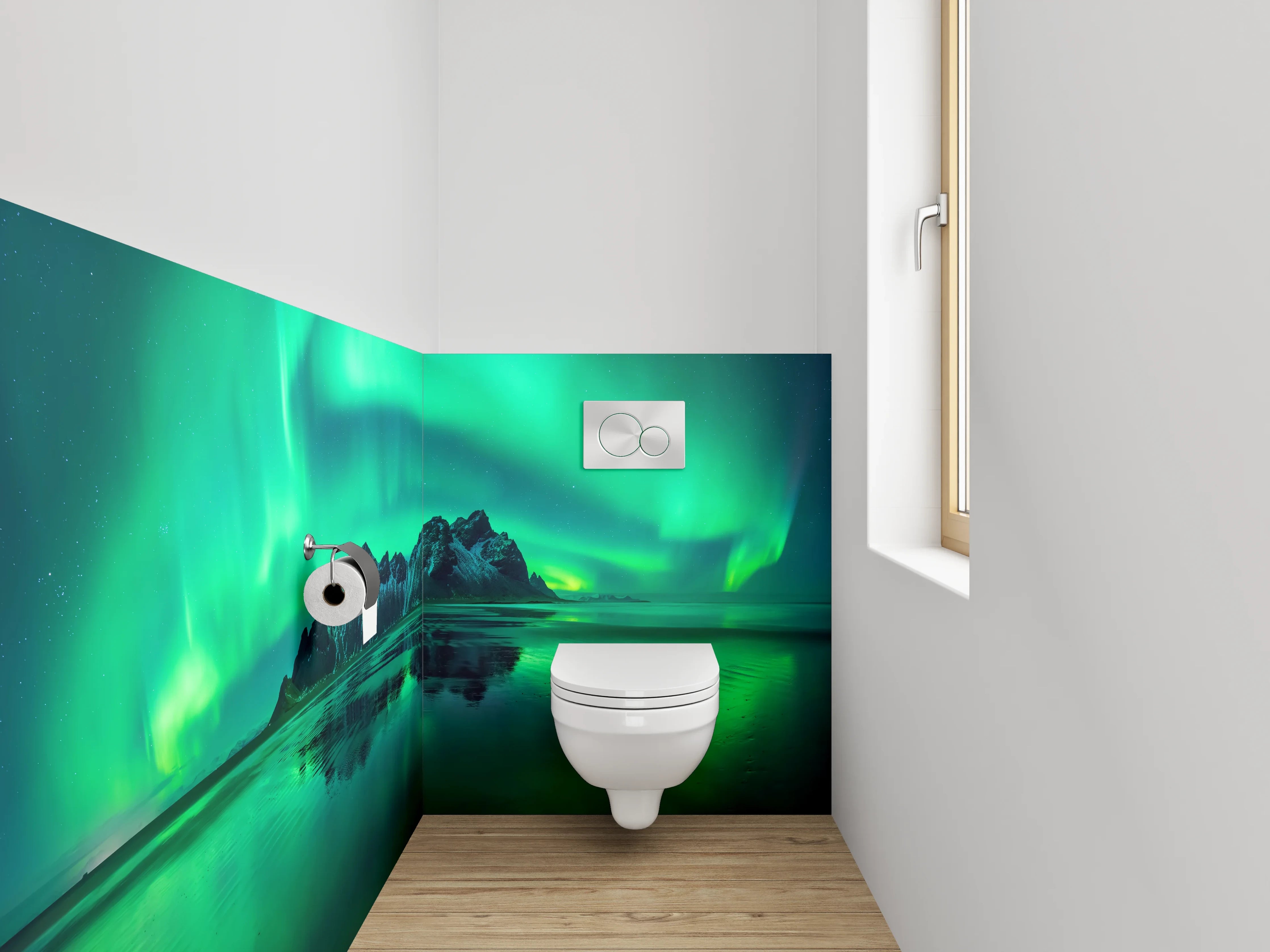 WC-Rückwand - Nordlichter über isländischen Bergen