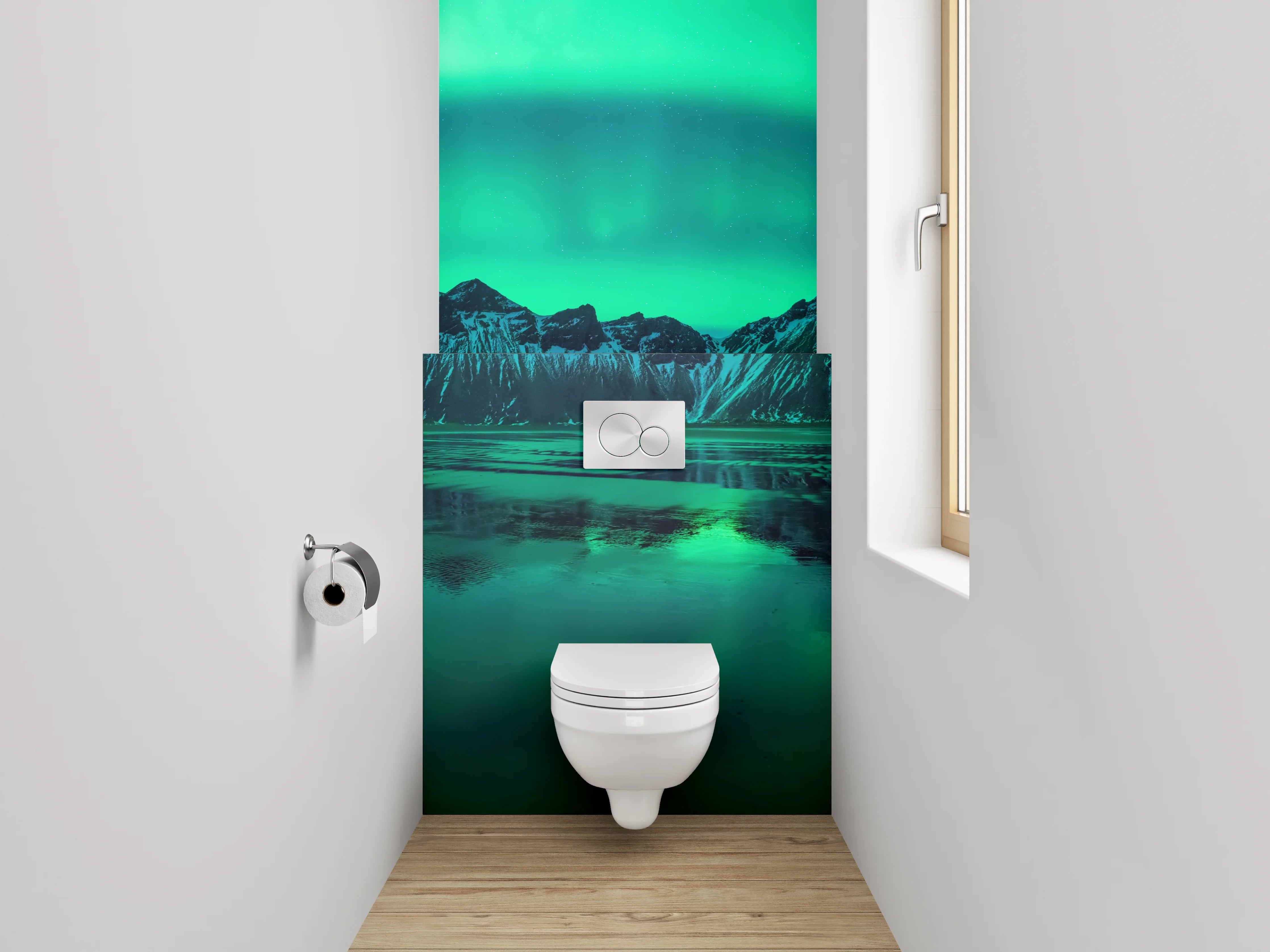 WC-Rückwand - Nordlichter über isländischen Bergen