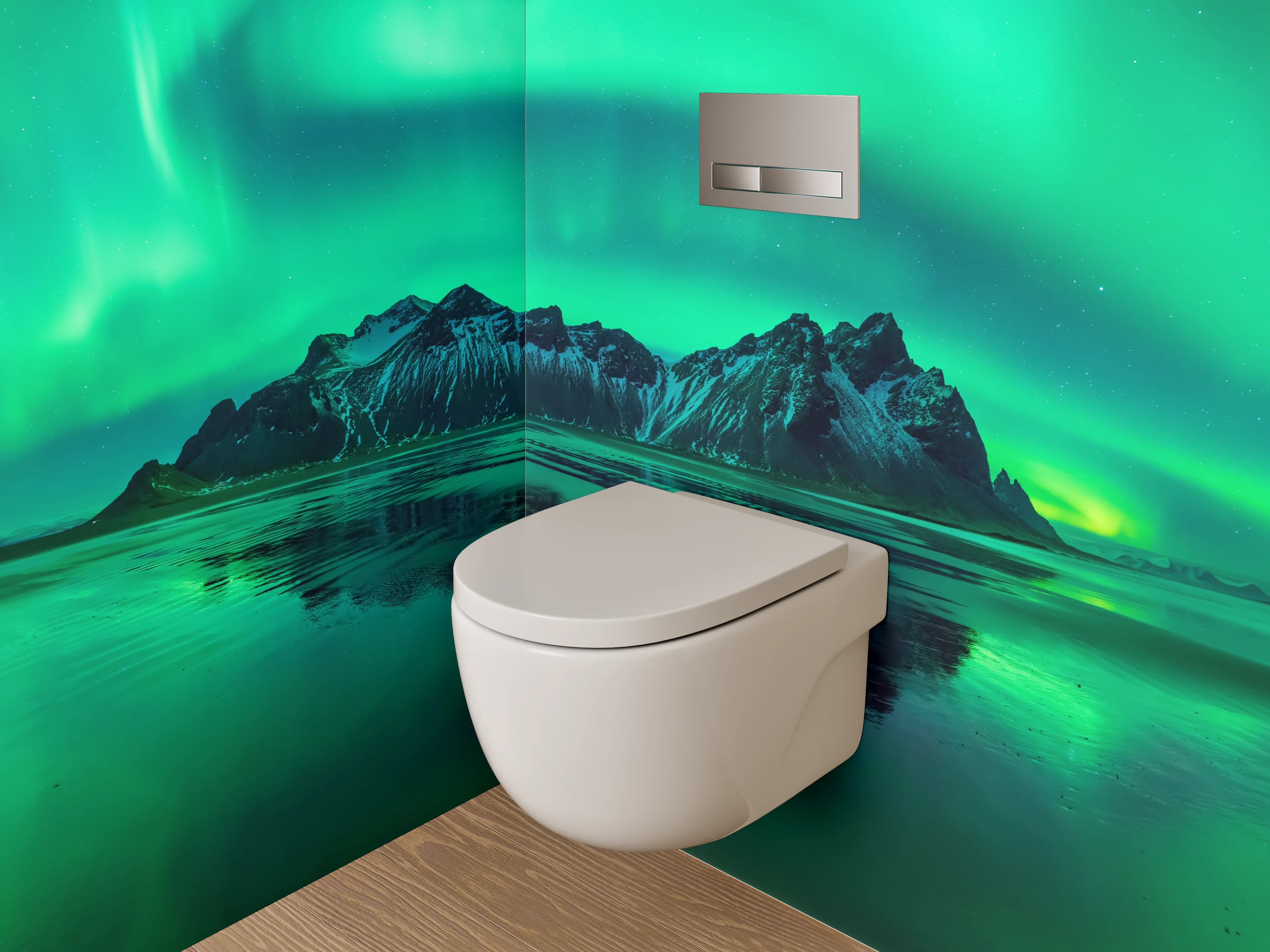 WC-Rückwand - Nordlichter über isländischen Bergen