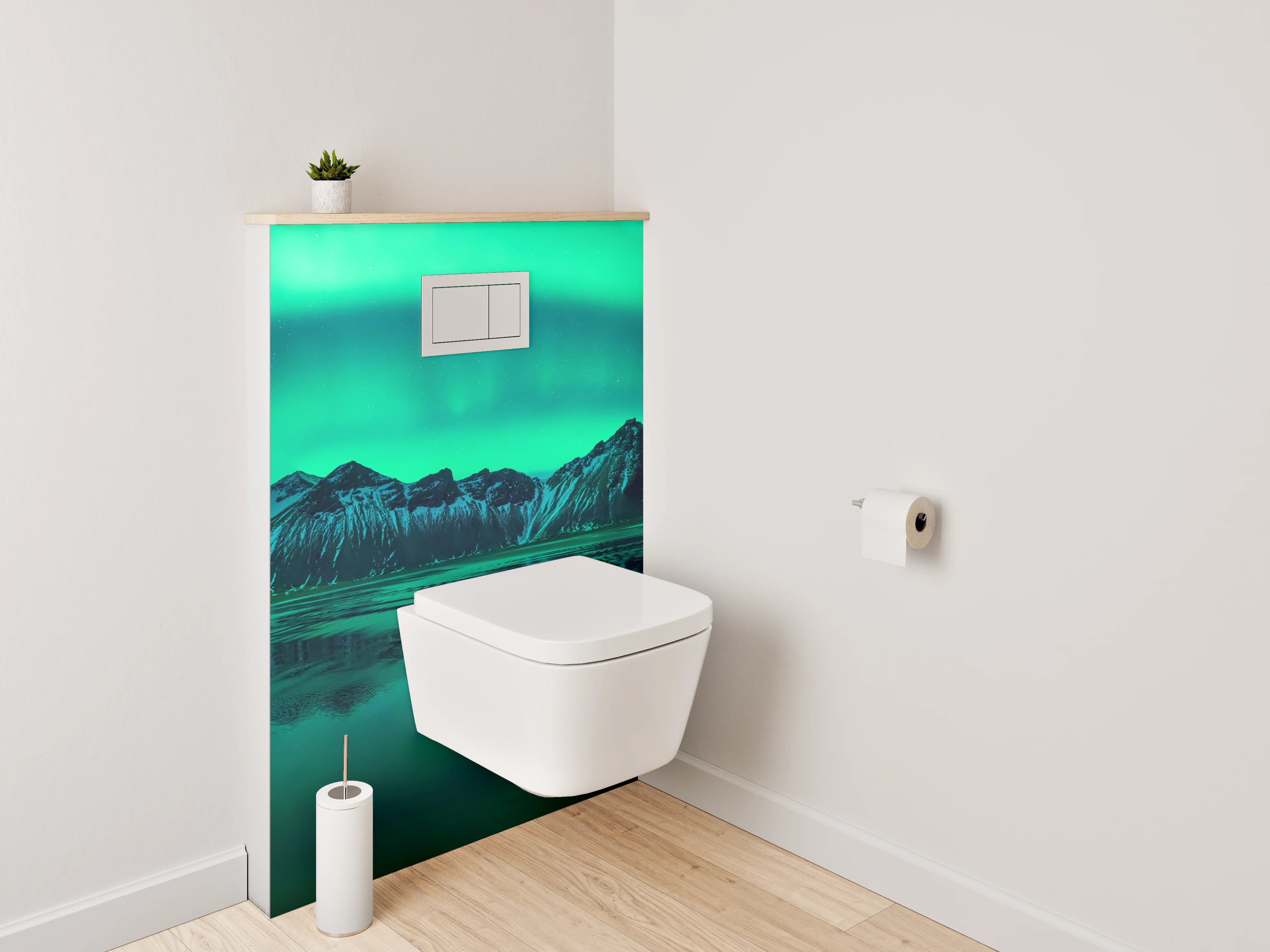 WC-Rückwand - Nordlichter über isländischen Bergen