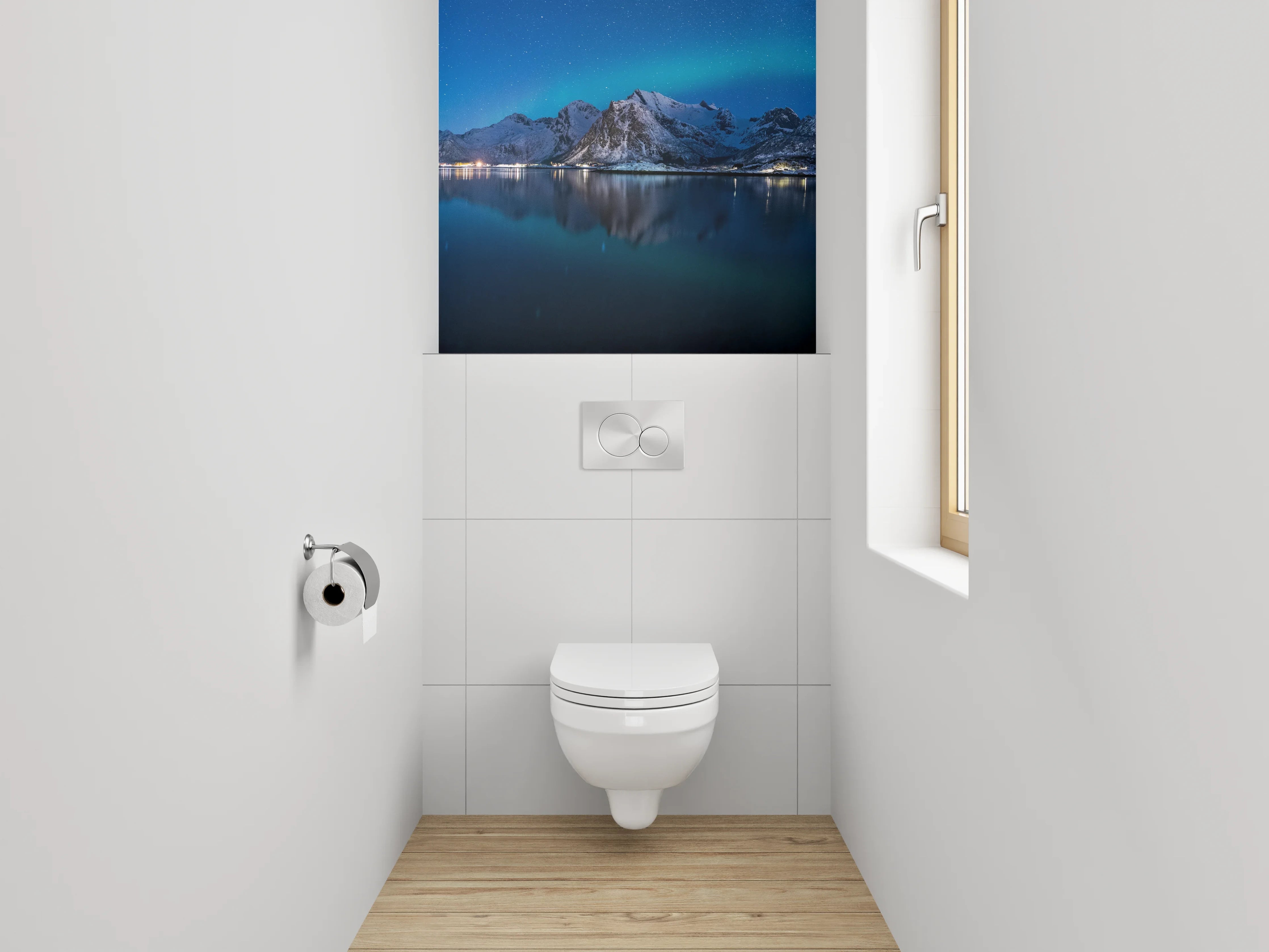 WC-Rückwand - Nordlichter über verschneiten Bergen Panorama