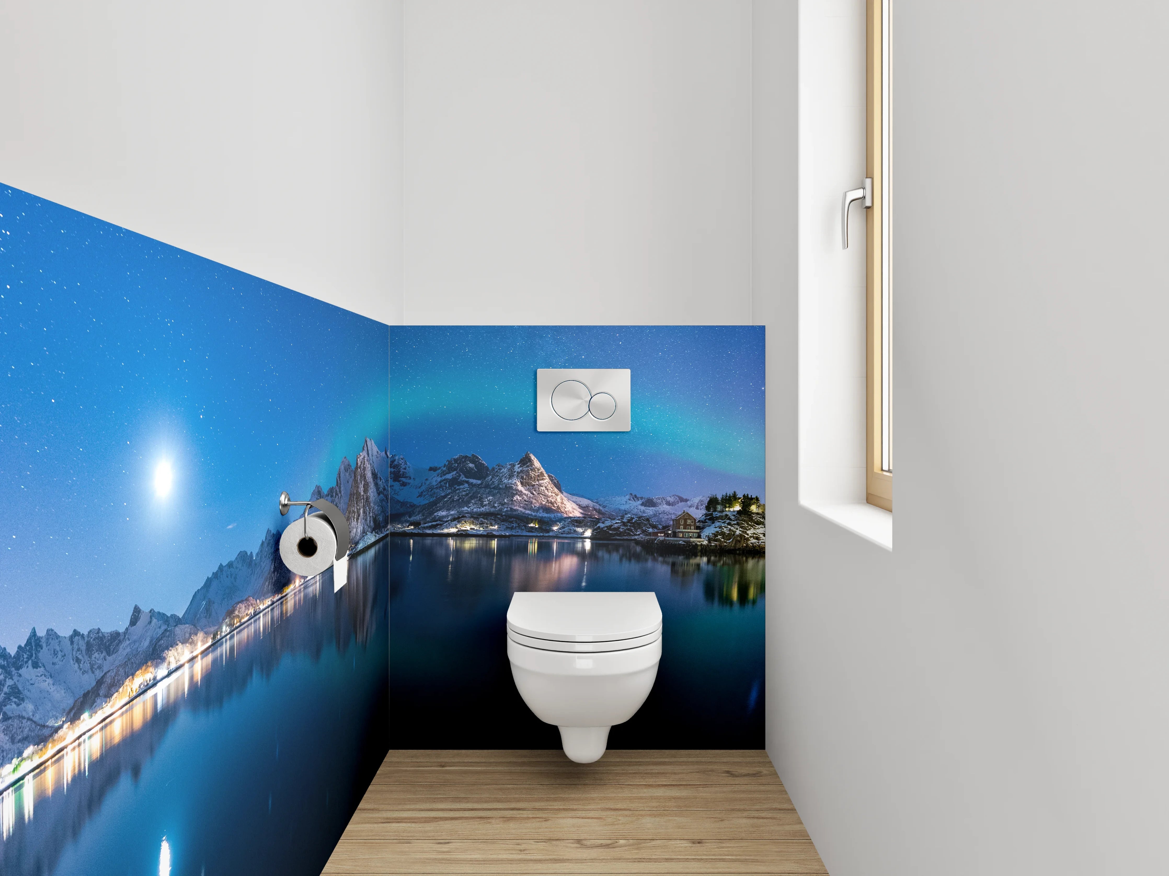 WC-Rückwand - Nordlichter über verschneiten Bergen Panorama