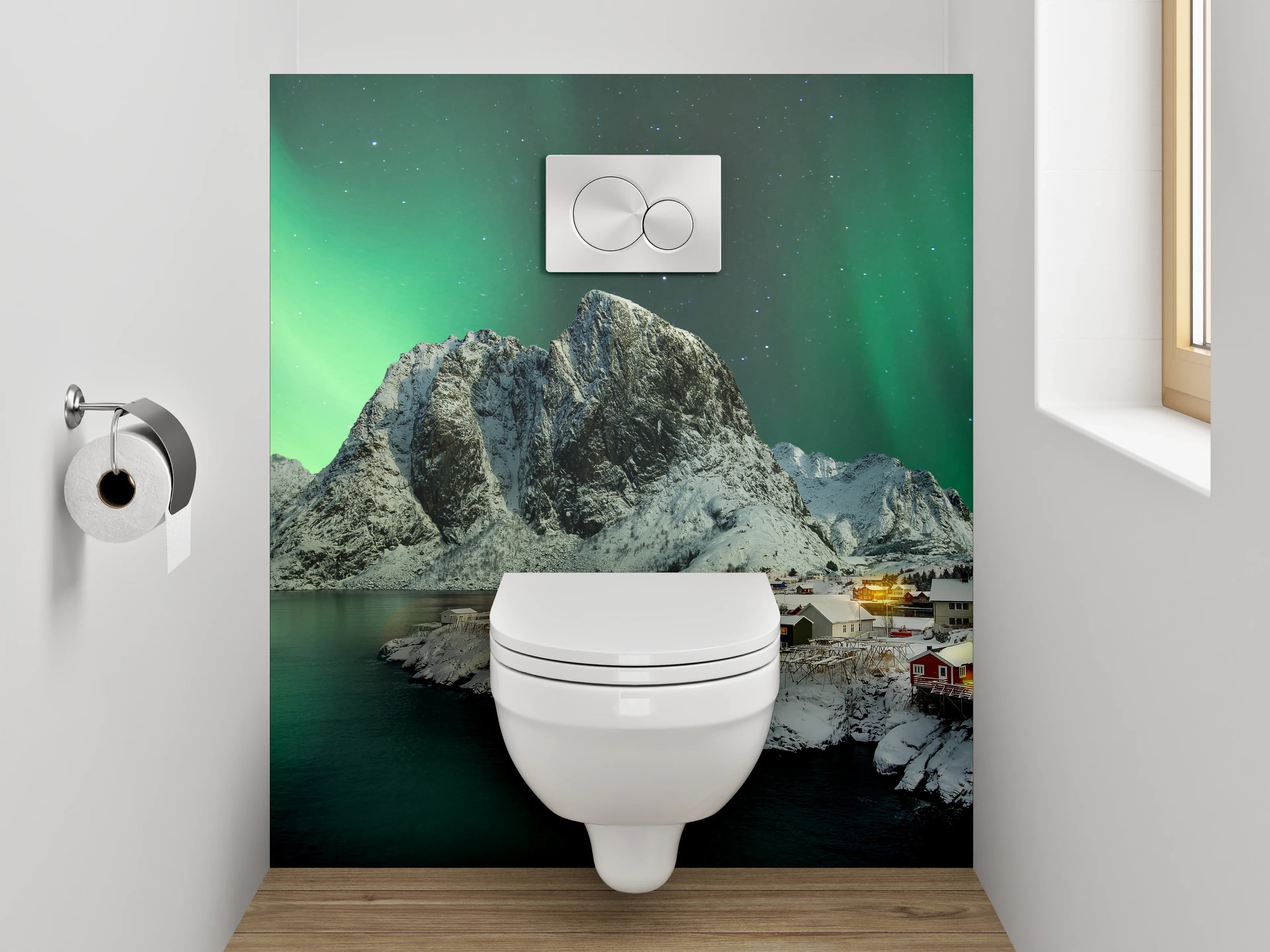 WC-Rückwand - Nordlichter über verschneiten Bergen