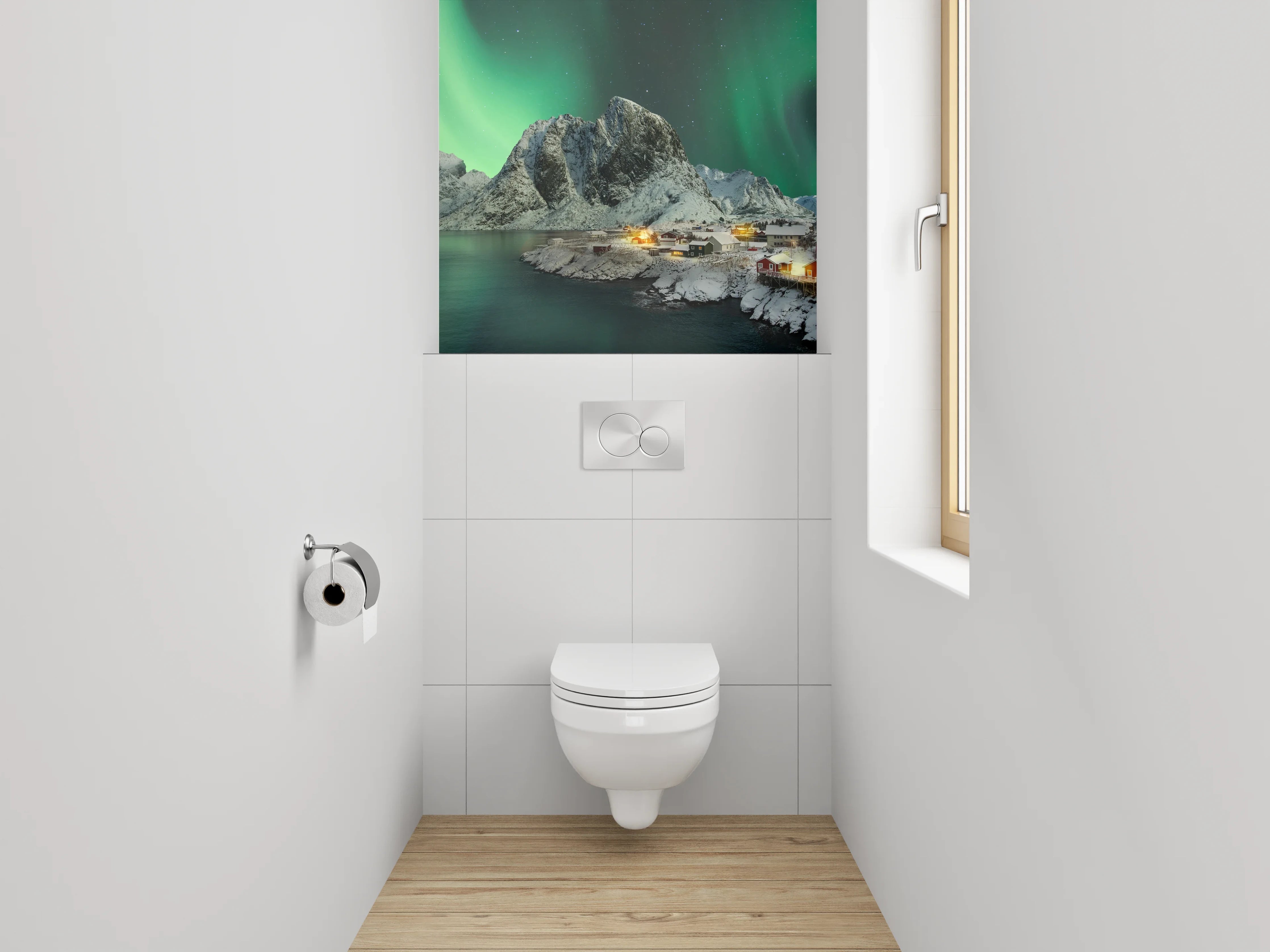 WC-Rückwand - Nordlichter über verschneiten Bergen