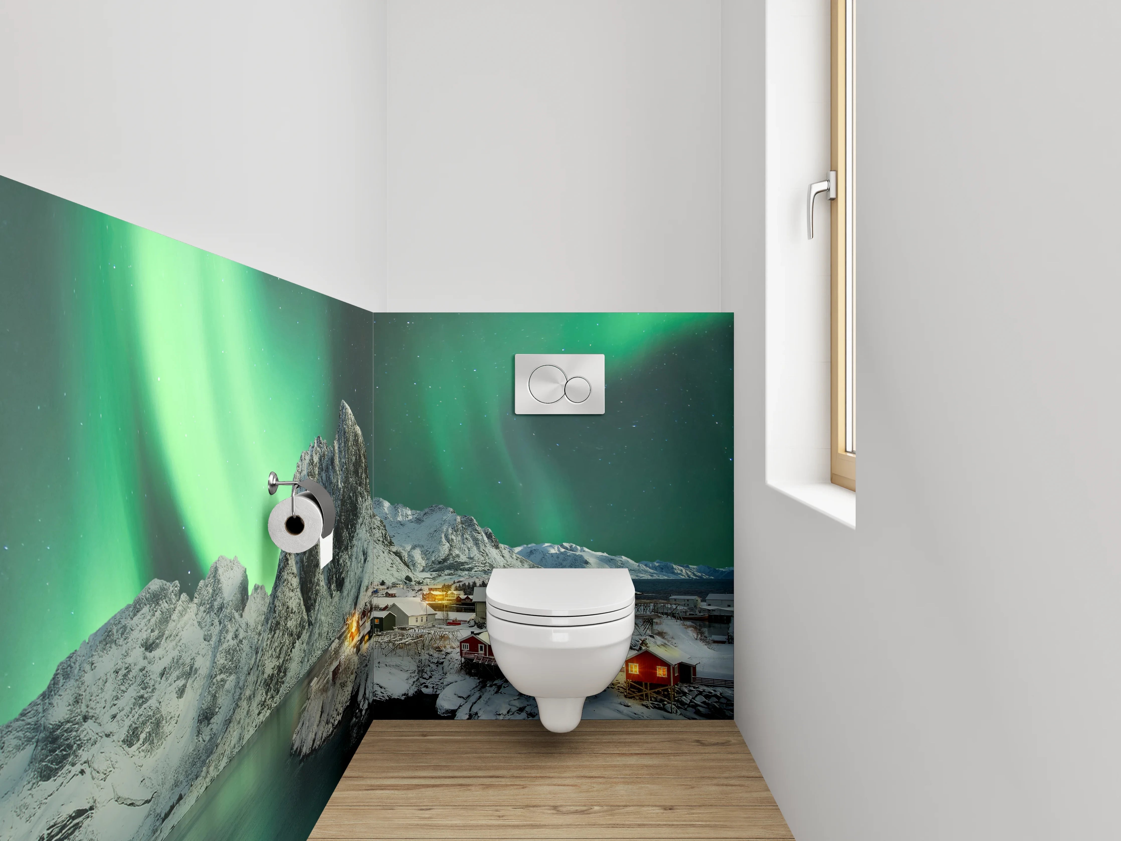 WC-Rückwand - Nordlichter über verschneiten Bergen