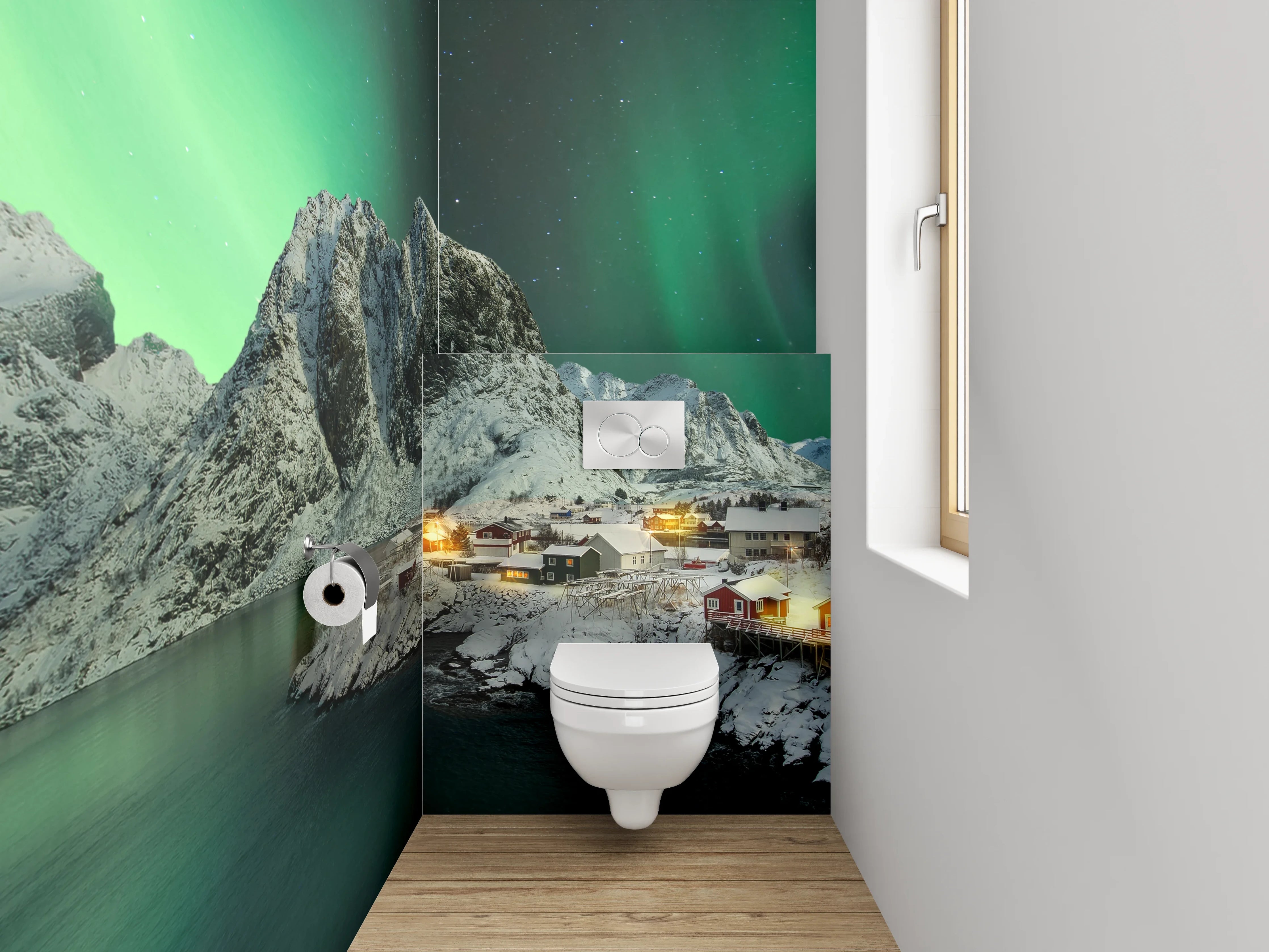 WC-Rückwand - Nordlichter über verschneiten Bergen