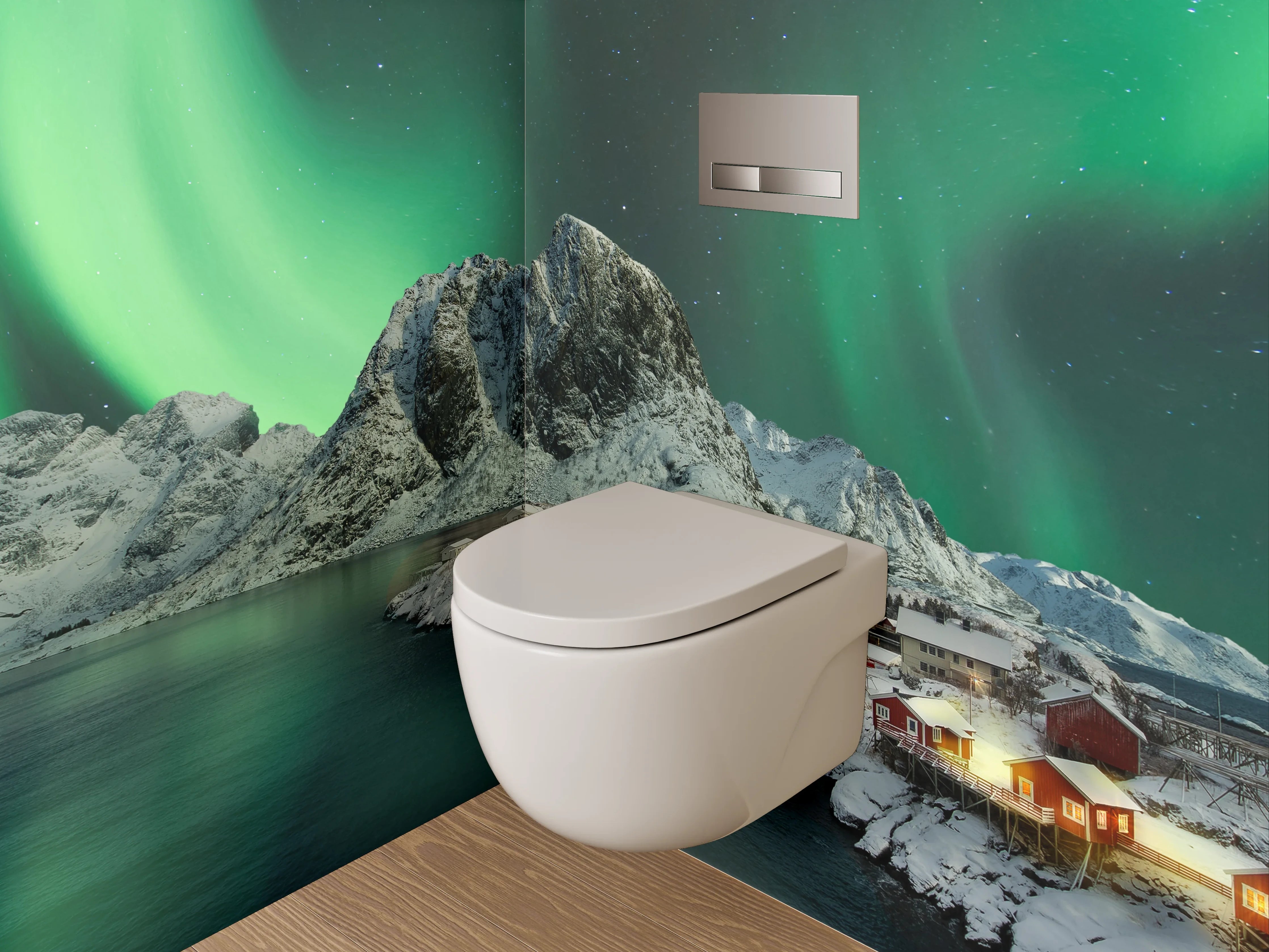 WC-Rückwand - Nordlichter über verschneiten Bergen