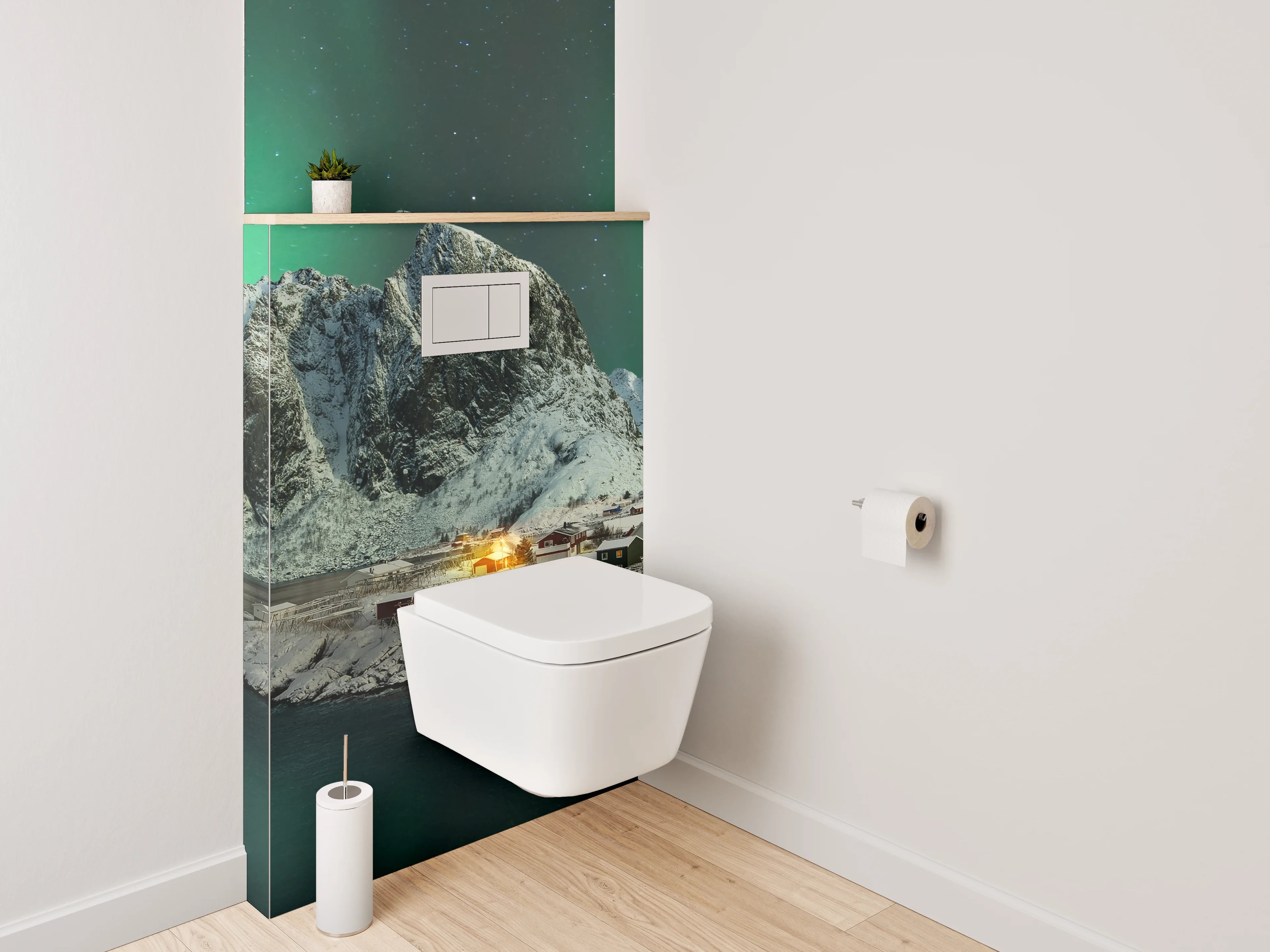 WC-Rückwand - Nordlichter über verschneiten Bergen