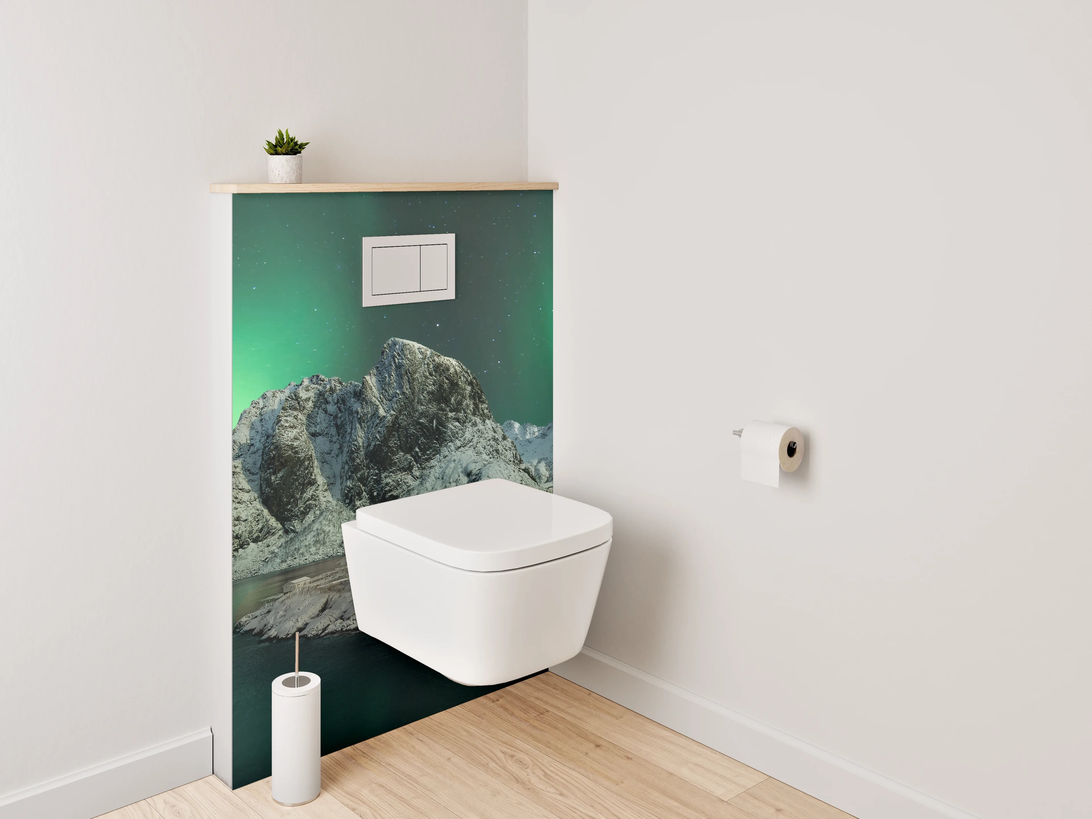 WC-Rückwand - Nordlichter über verschneiten Bergen