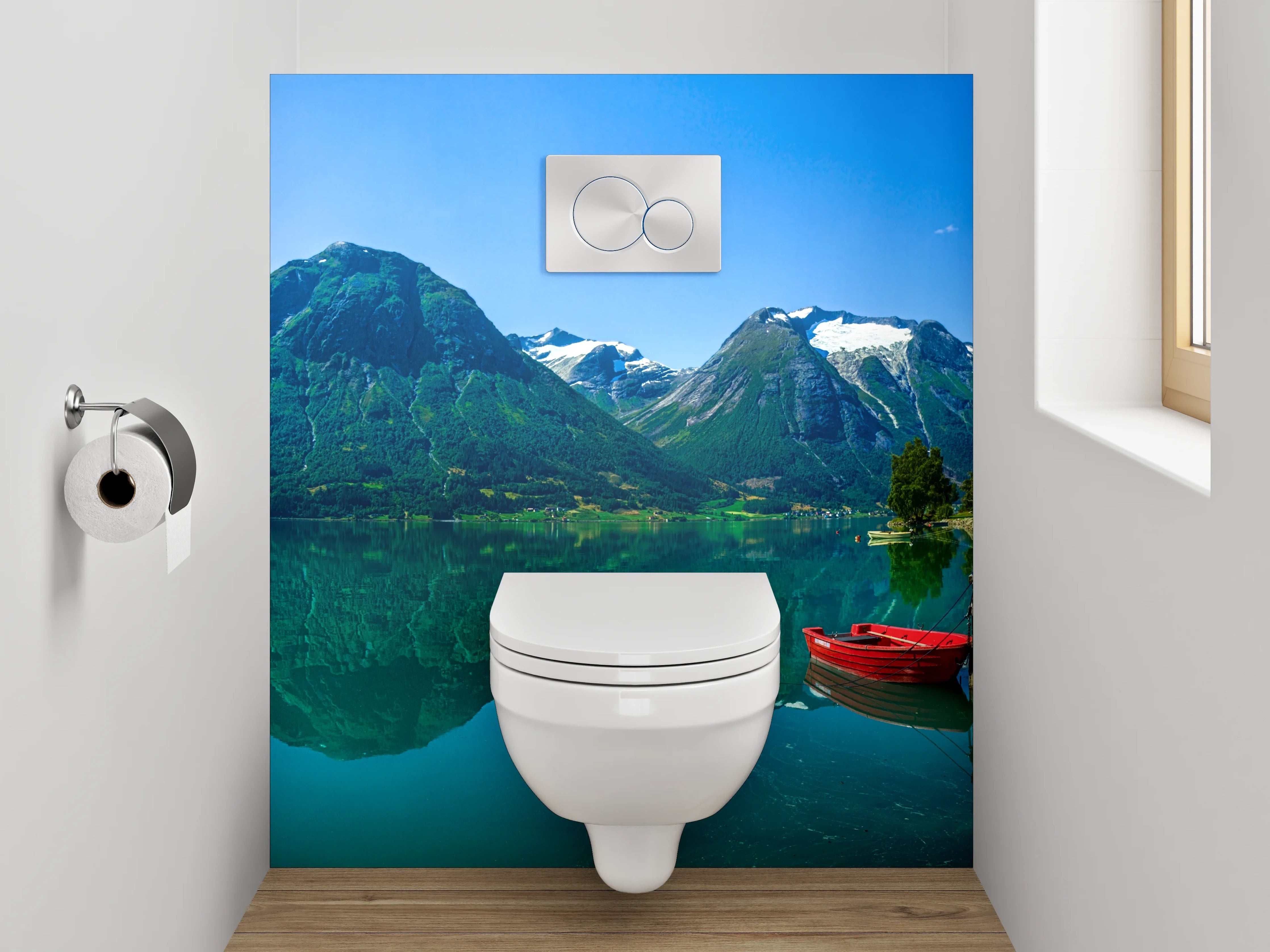WC-Rückwand - Norwegischer Bergsee mit Booten