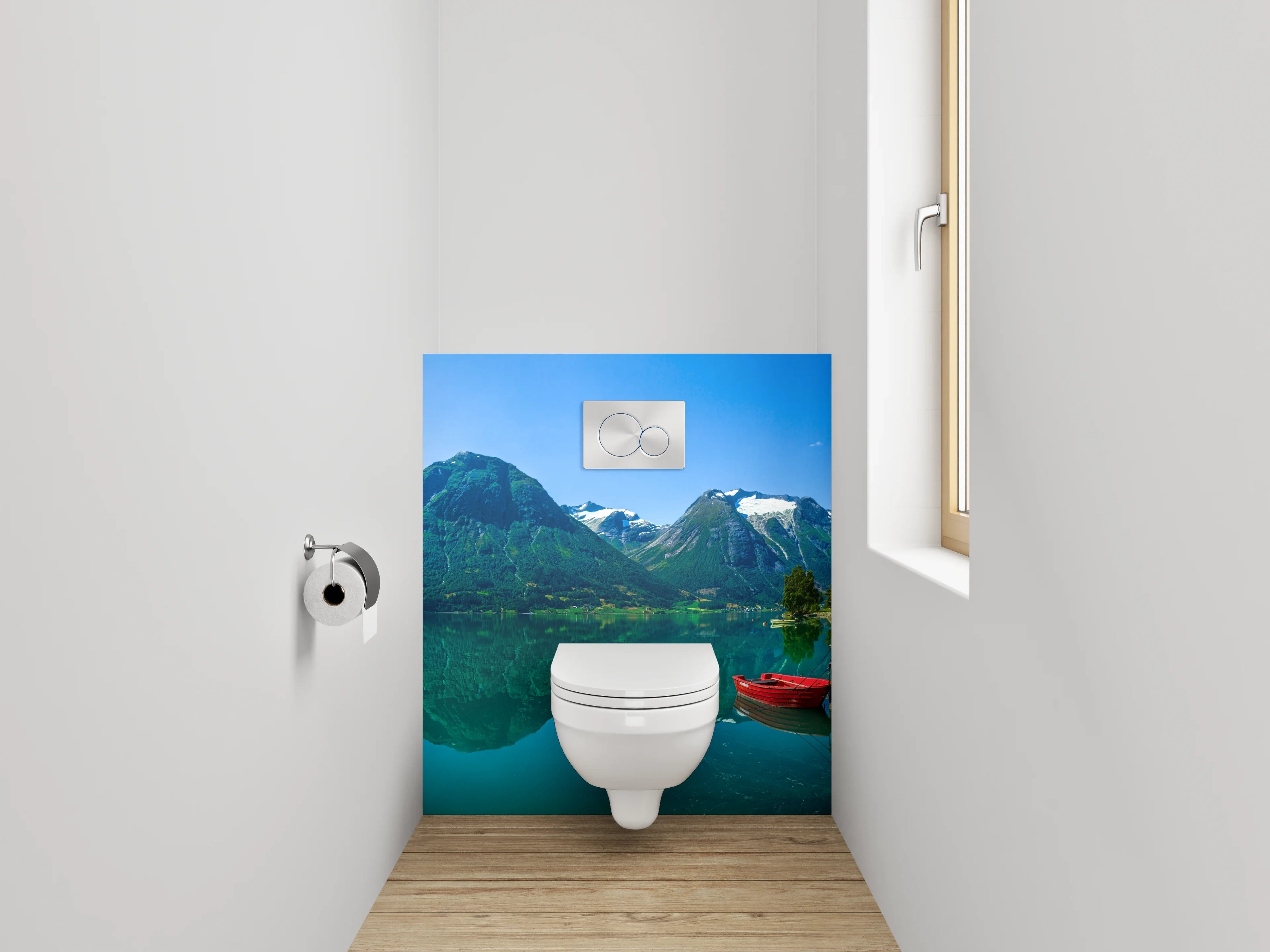 WC-Rückwand - Norwegischer Bergsee mit Booten