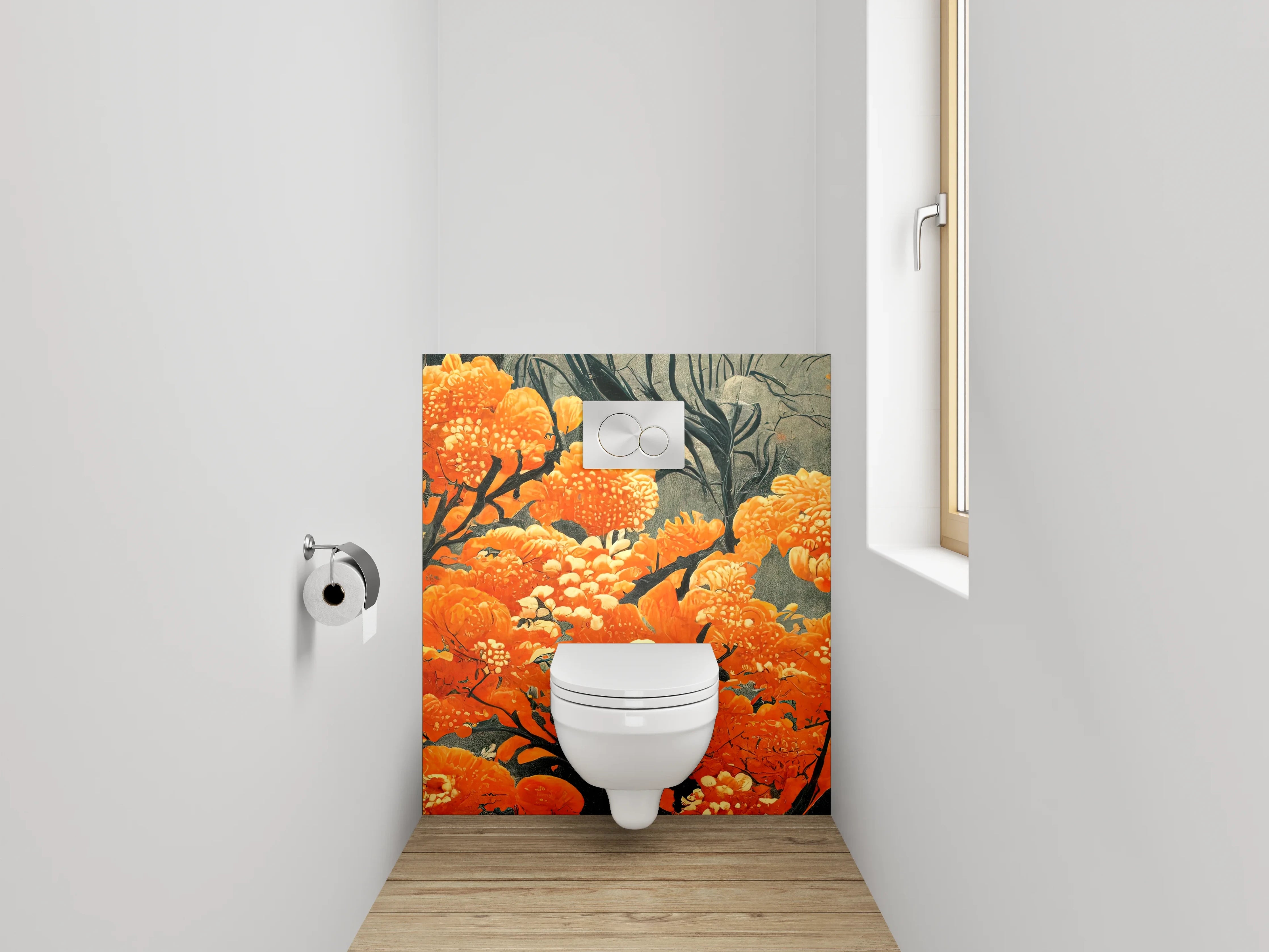 WC-Rückwand - Orange Blüten Kunst auf Grau