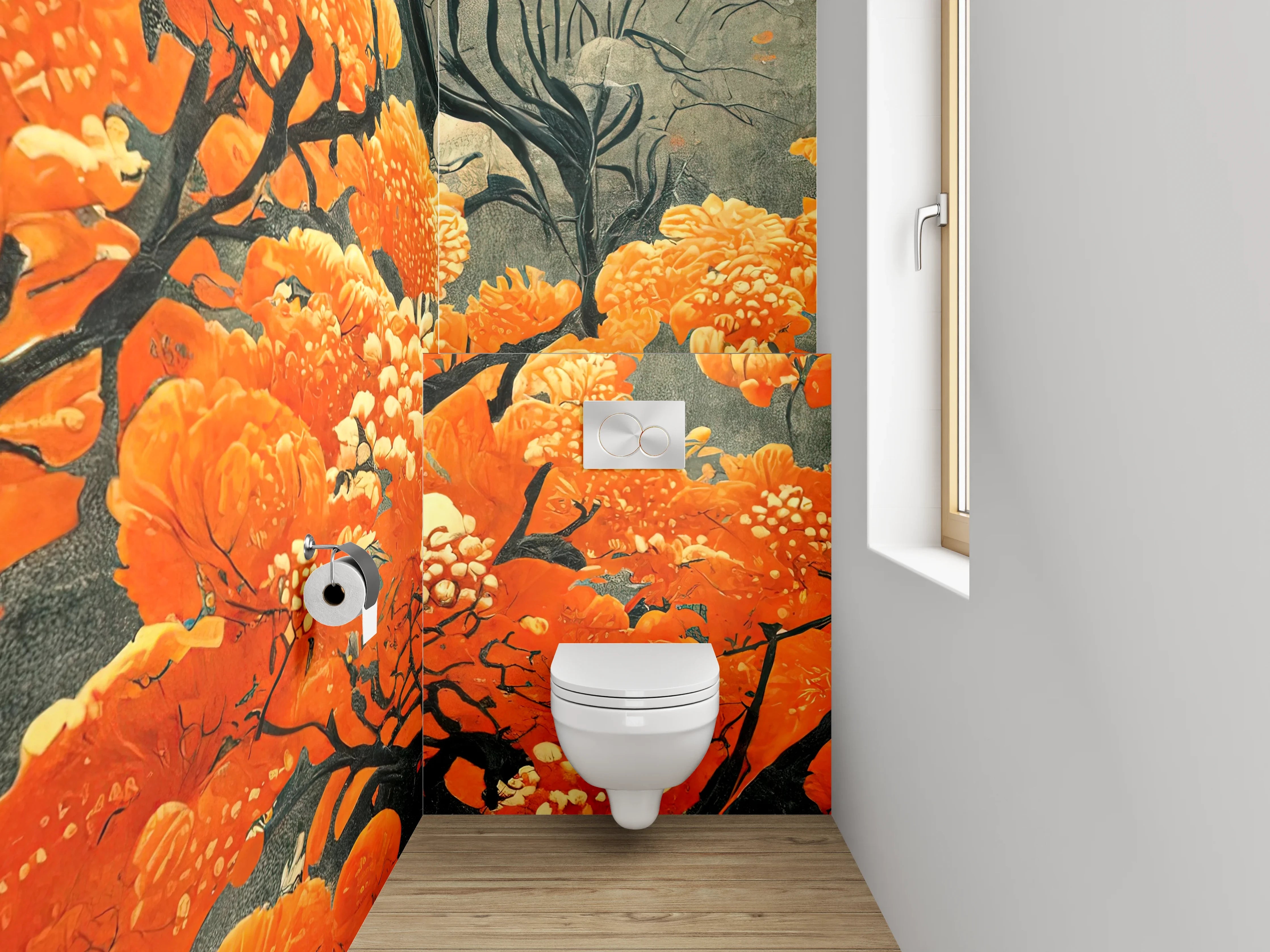 WC-Rückwand - Orange Blüten Kunst auf Grau