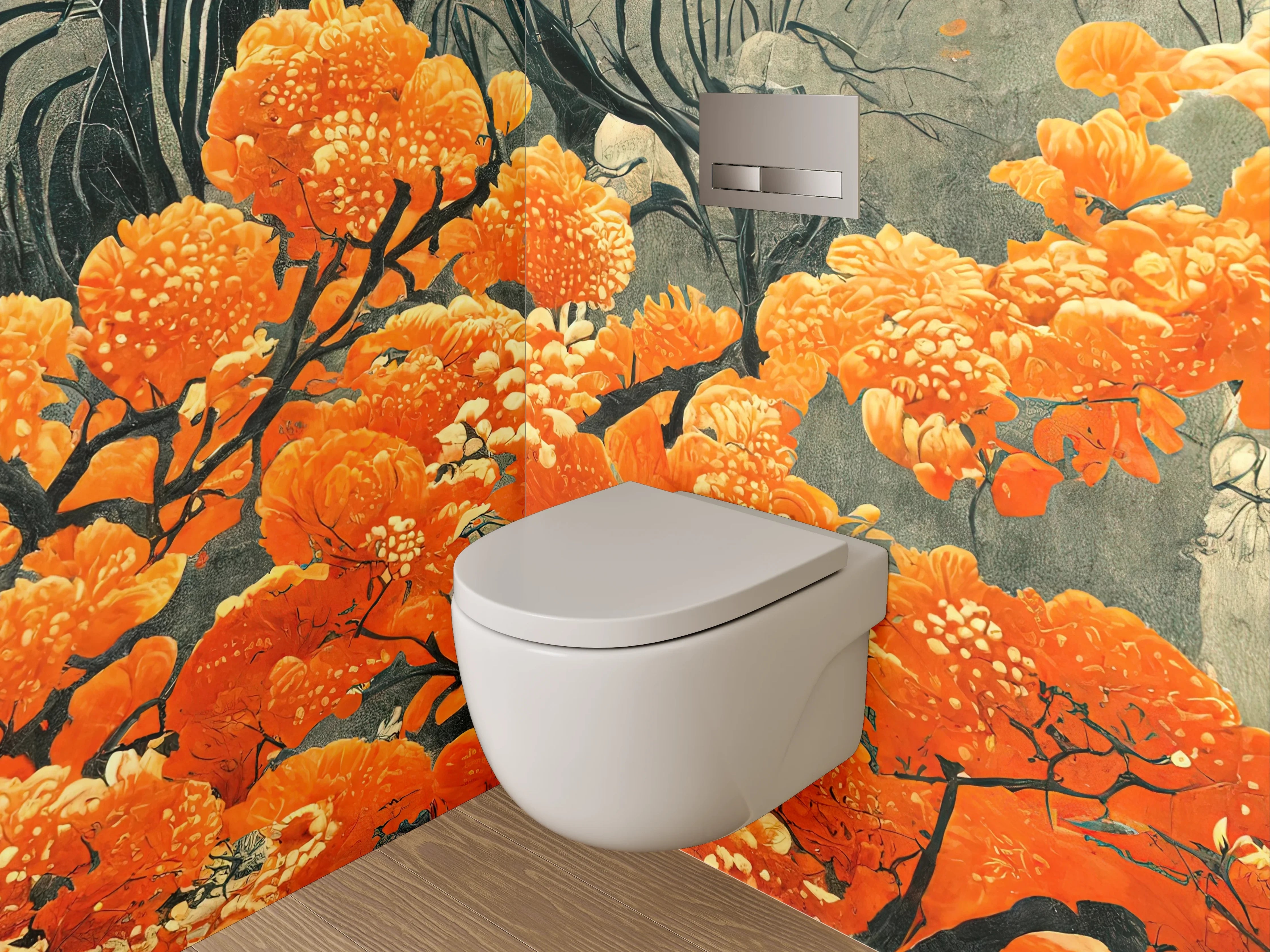WC-Rückwand - Orange Blüten Kunst auf Grau