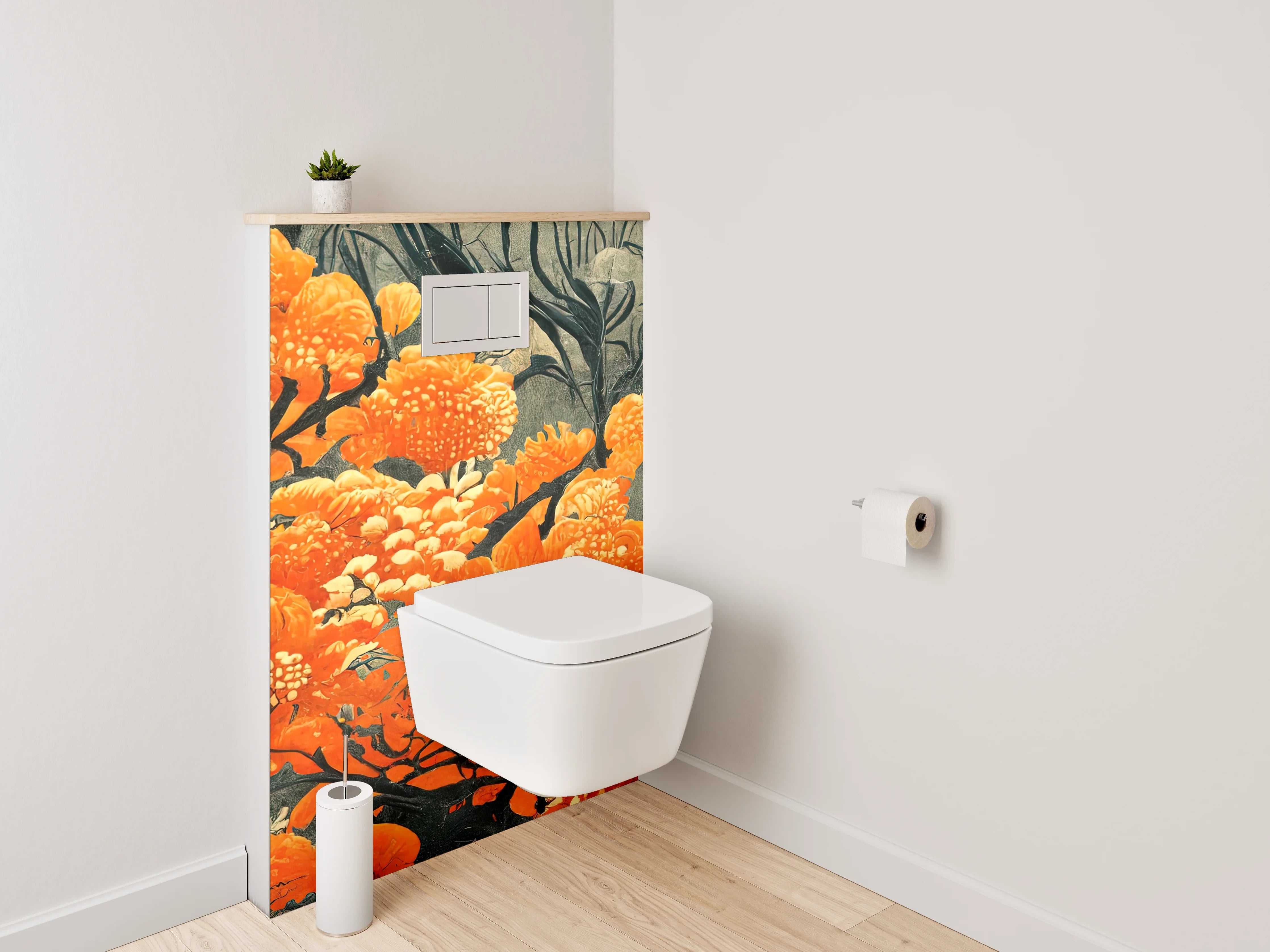 WC-Rückwand - Orange Blüten Kunst auf Grau