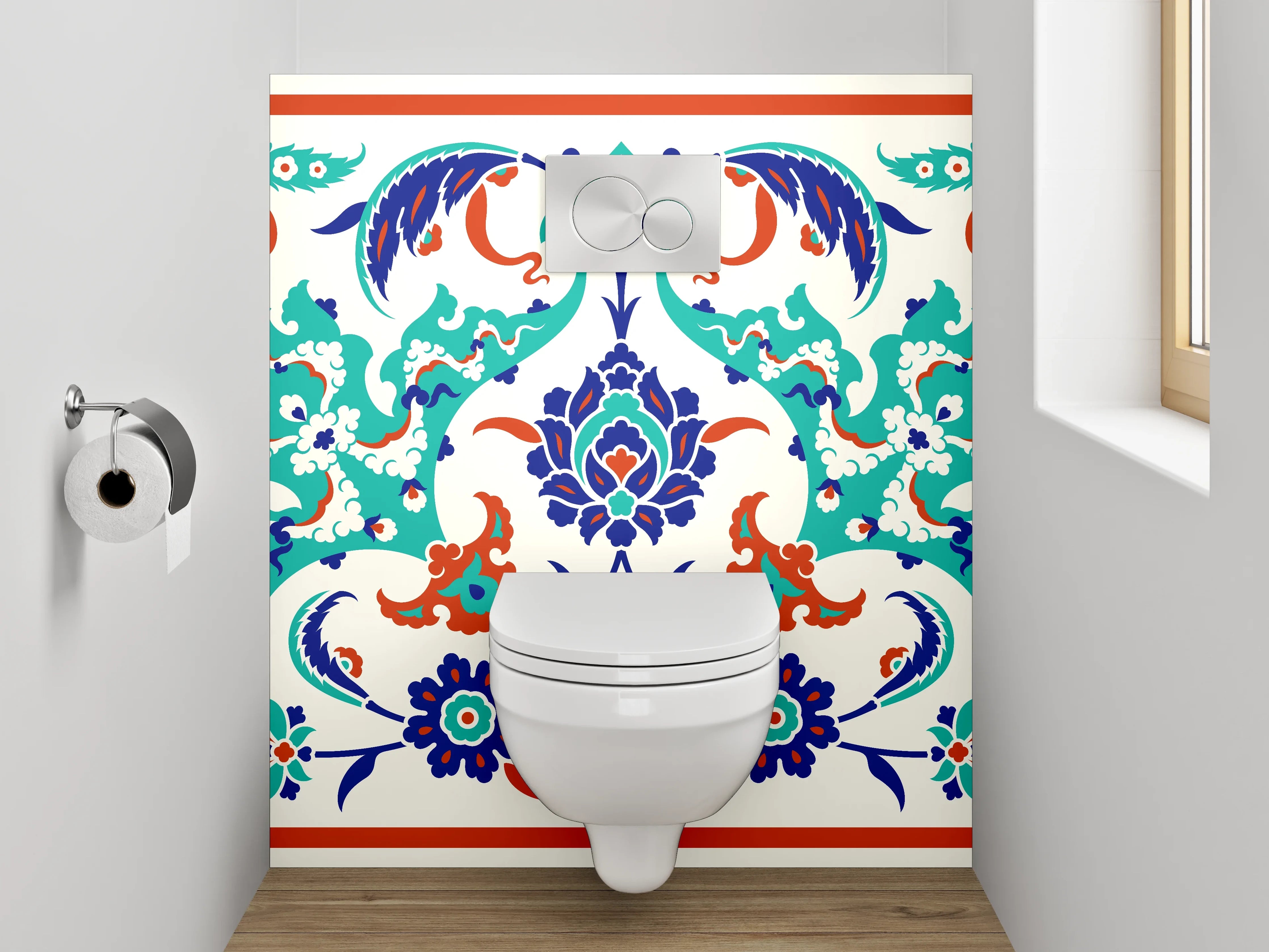 WC-Rückwand - Orientalische Blumenbordüre Türkis-Blau