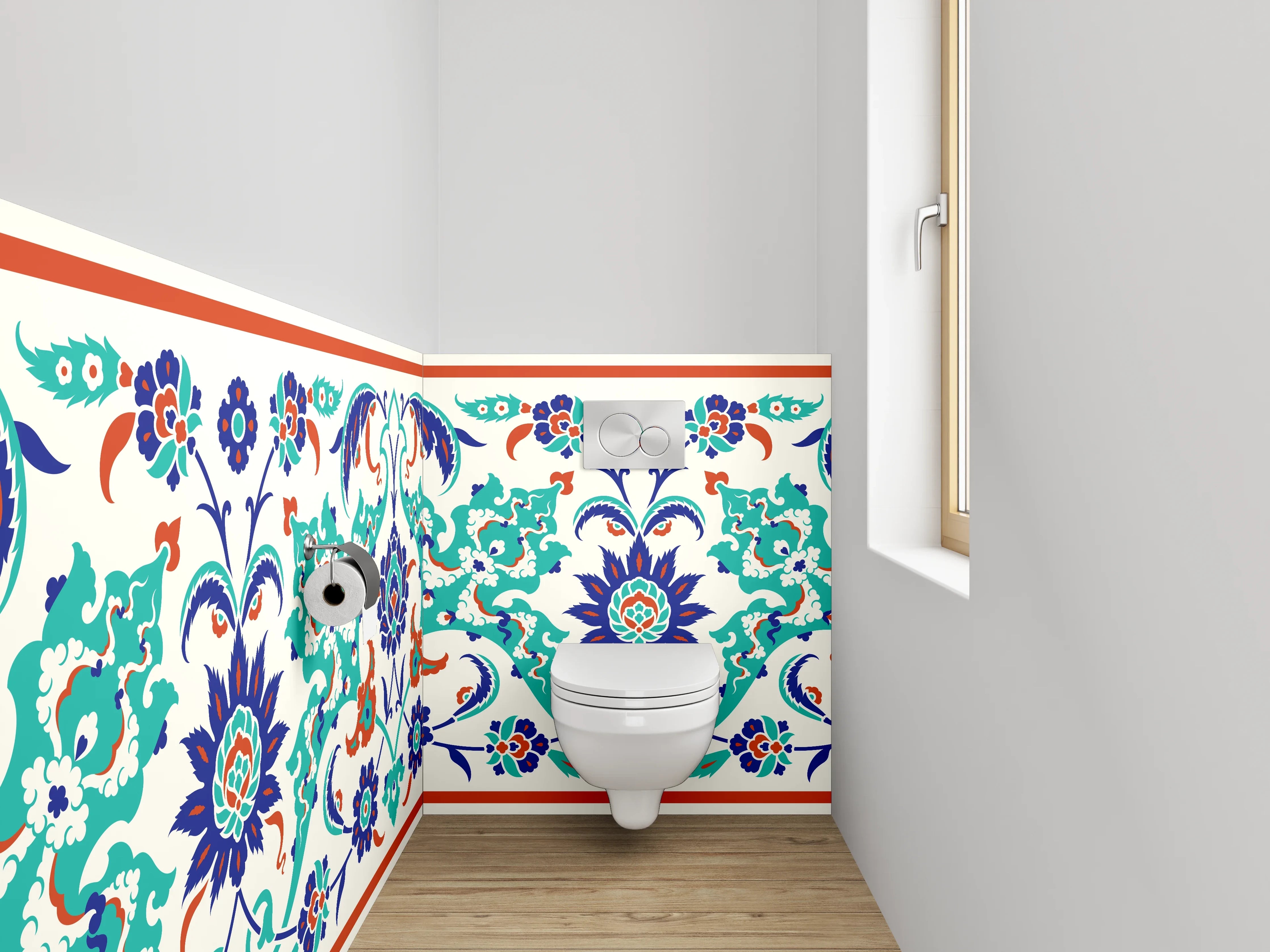 WC-Rückwand - Orientalische Blumenbordüre Türkis-Blau