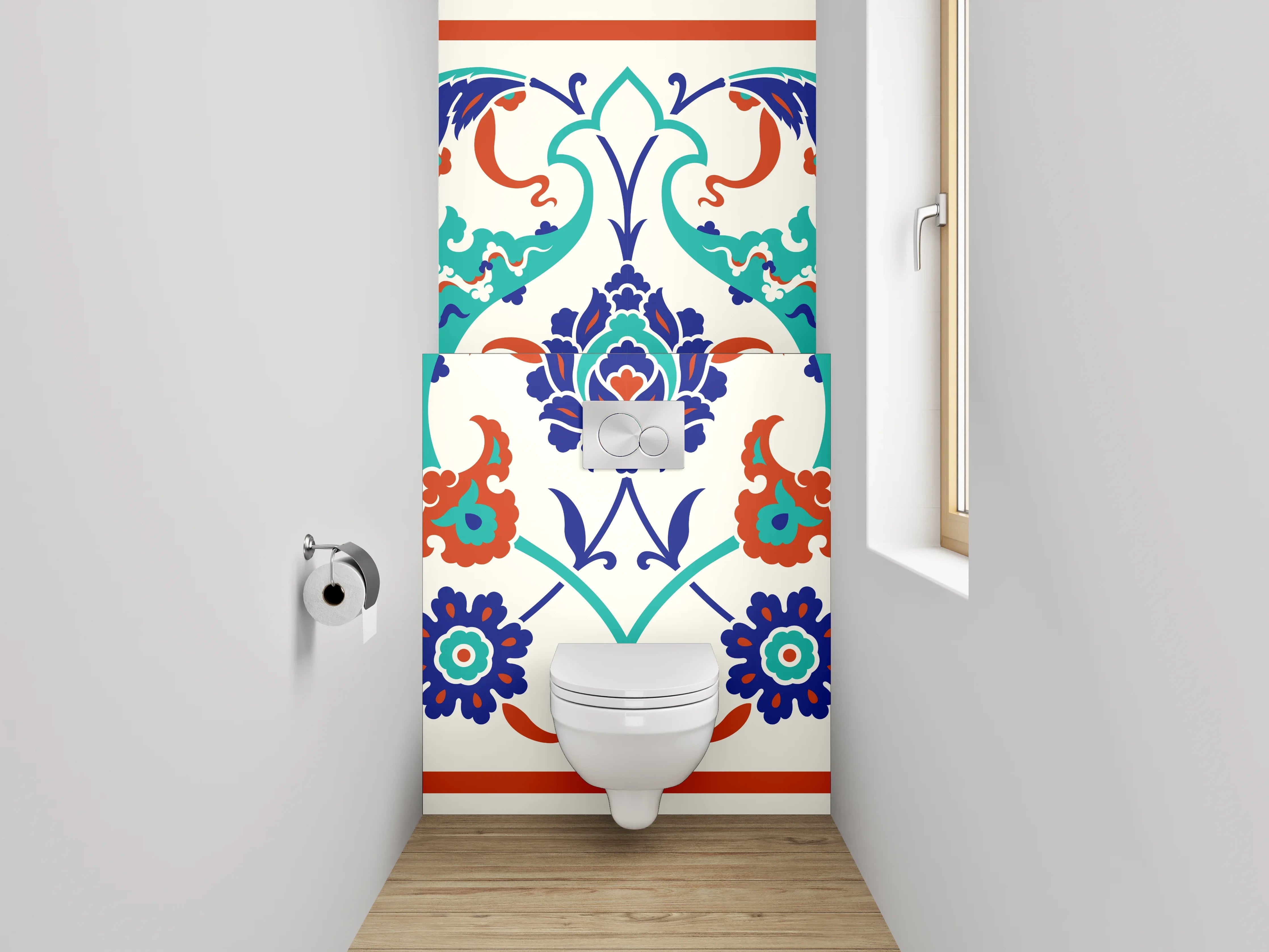 WC-Rückwand - Orientalische Blumenbordüre Türkis-Blau