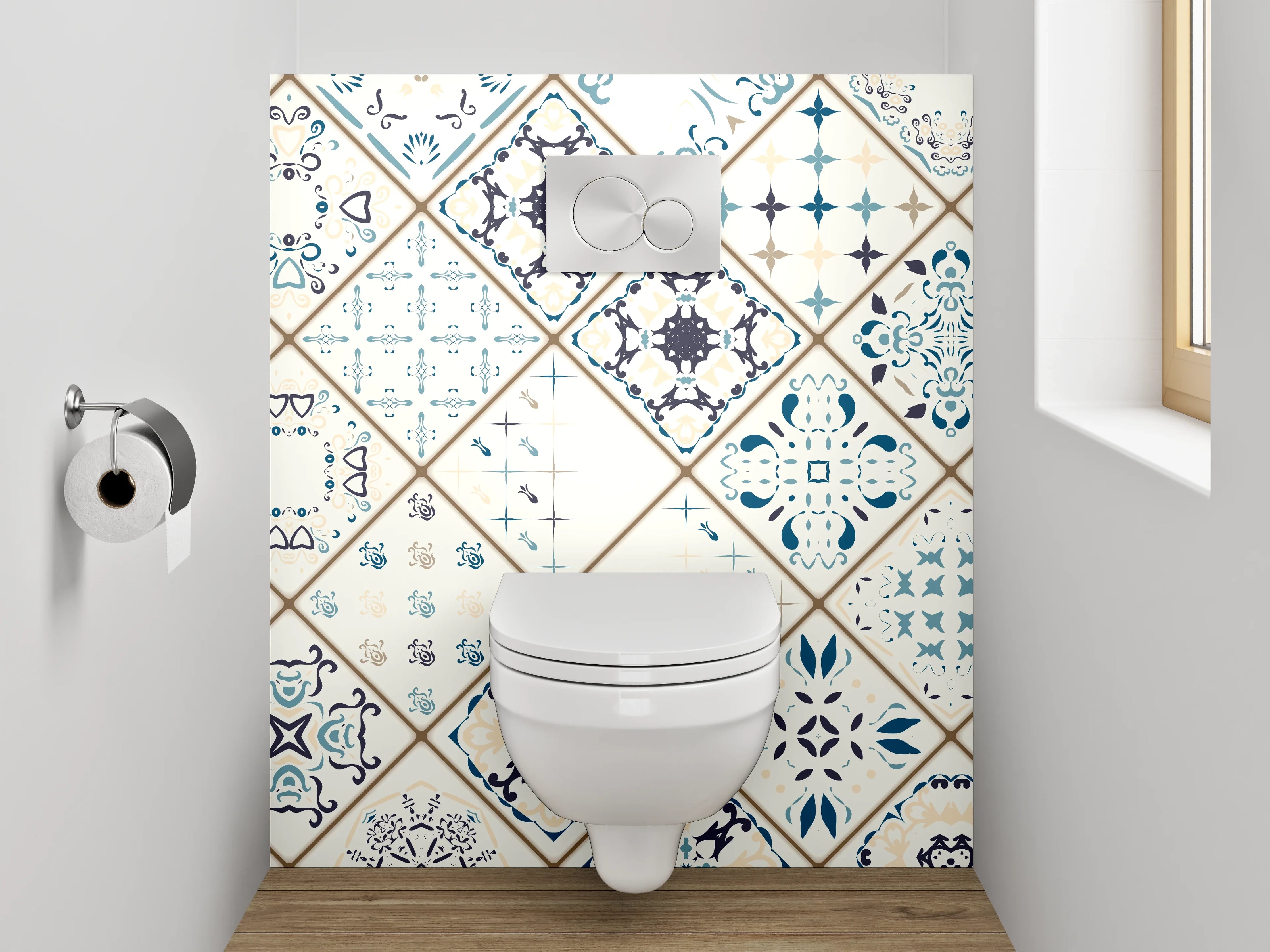 WC-Rückwand - Orientalische Fliesenmuster Blau Weiß