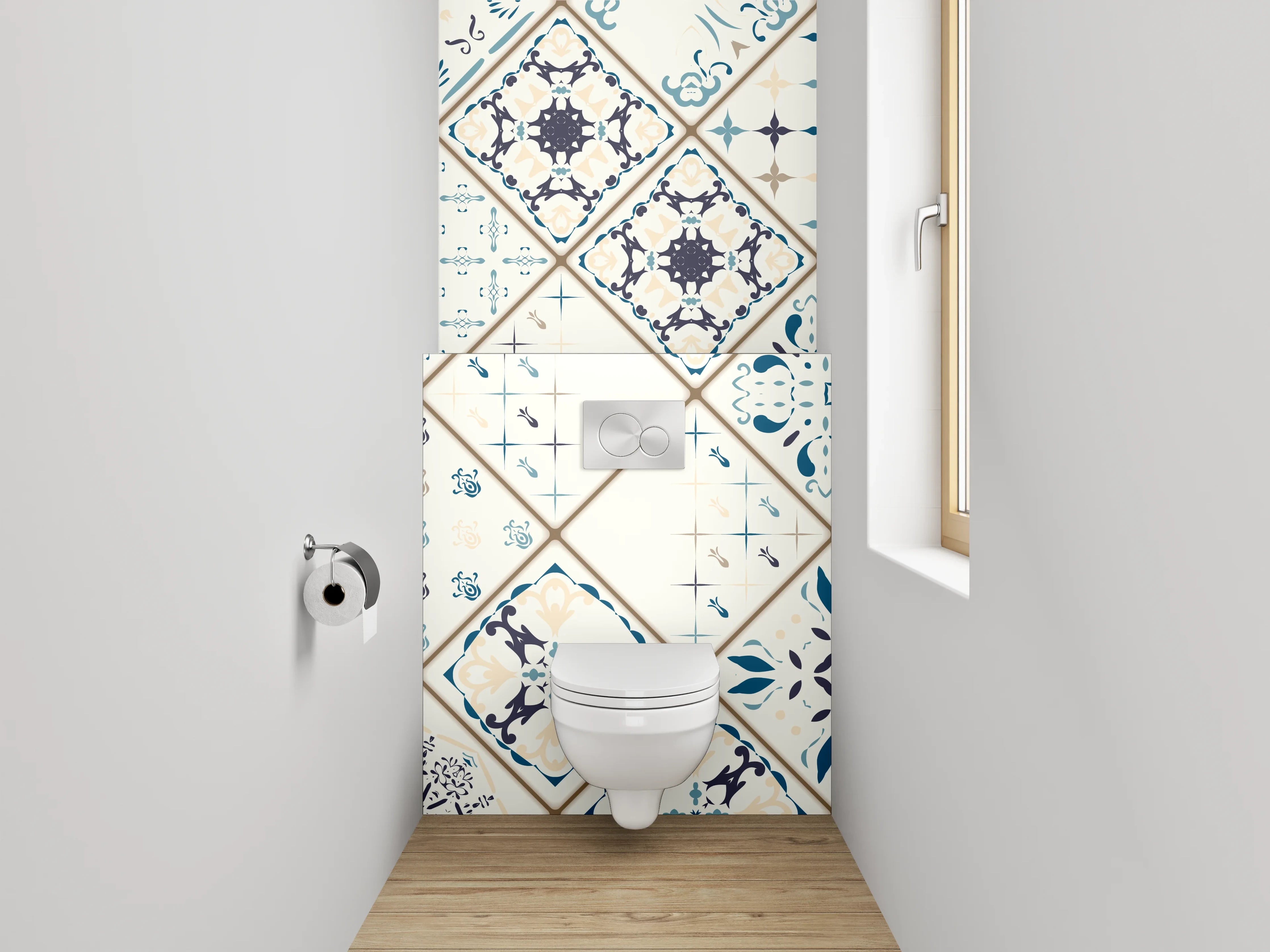 WC-Rückwand - Orientalische Fliesenmuster Blau Weiß