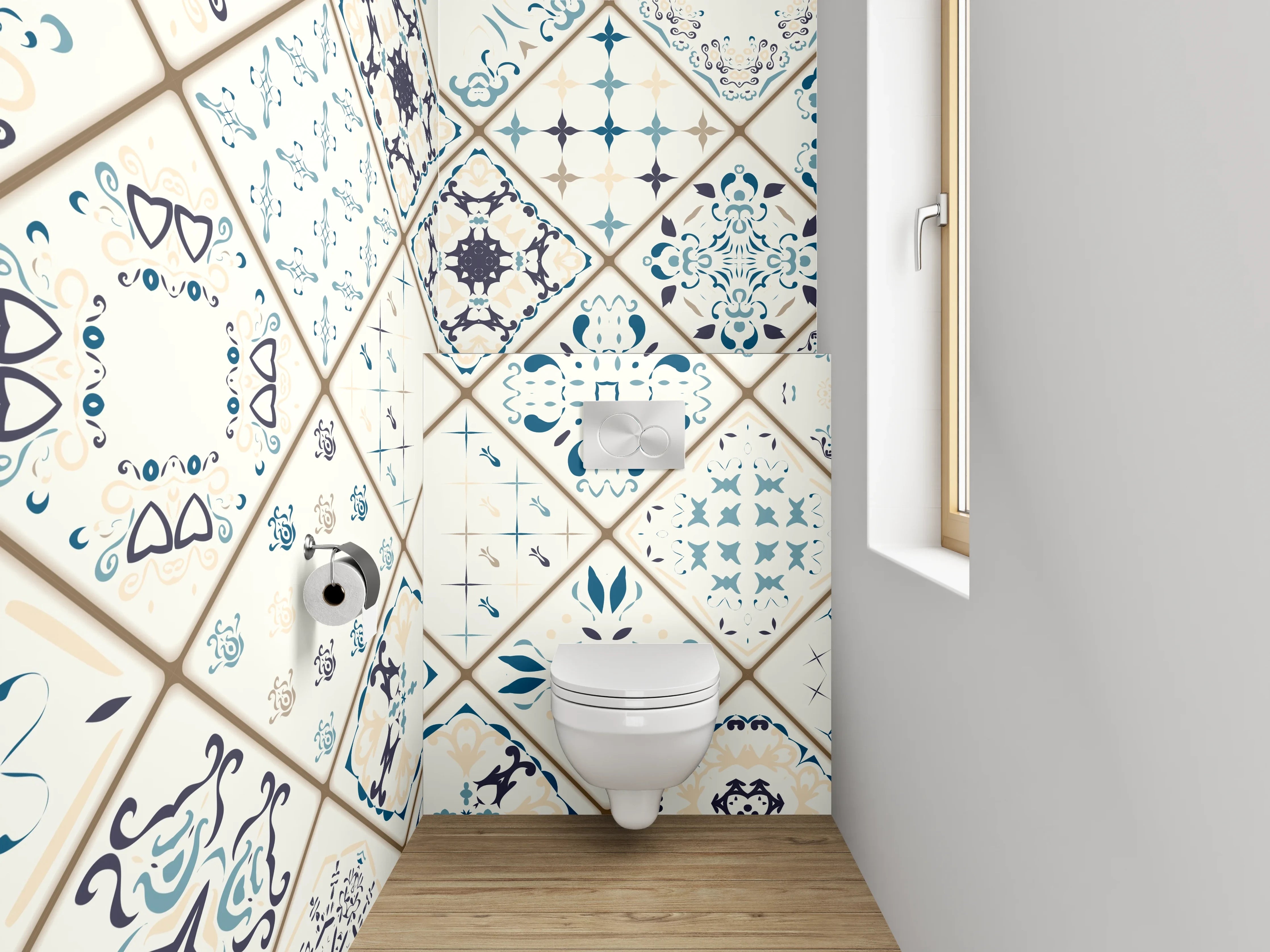 WC-Rückwand - Orientalische Fliesenmuster Blau Weiß