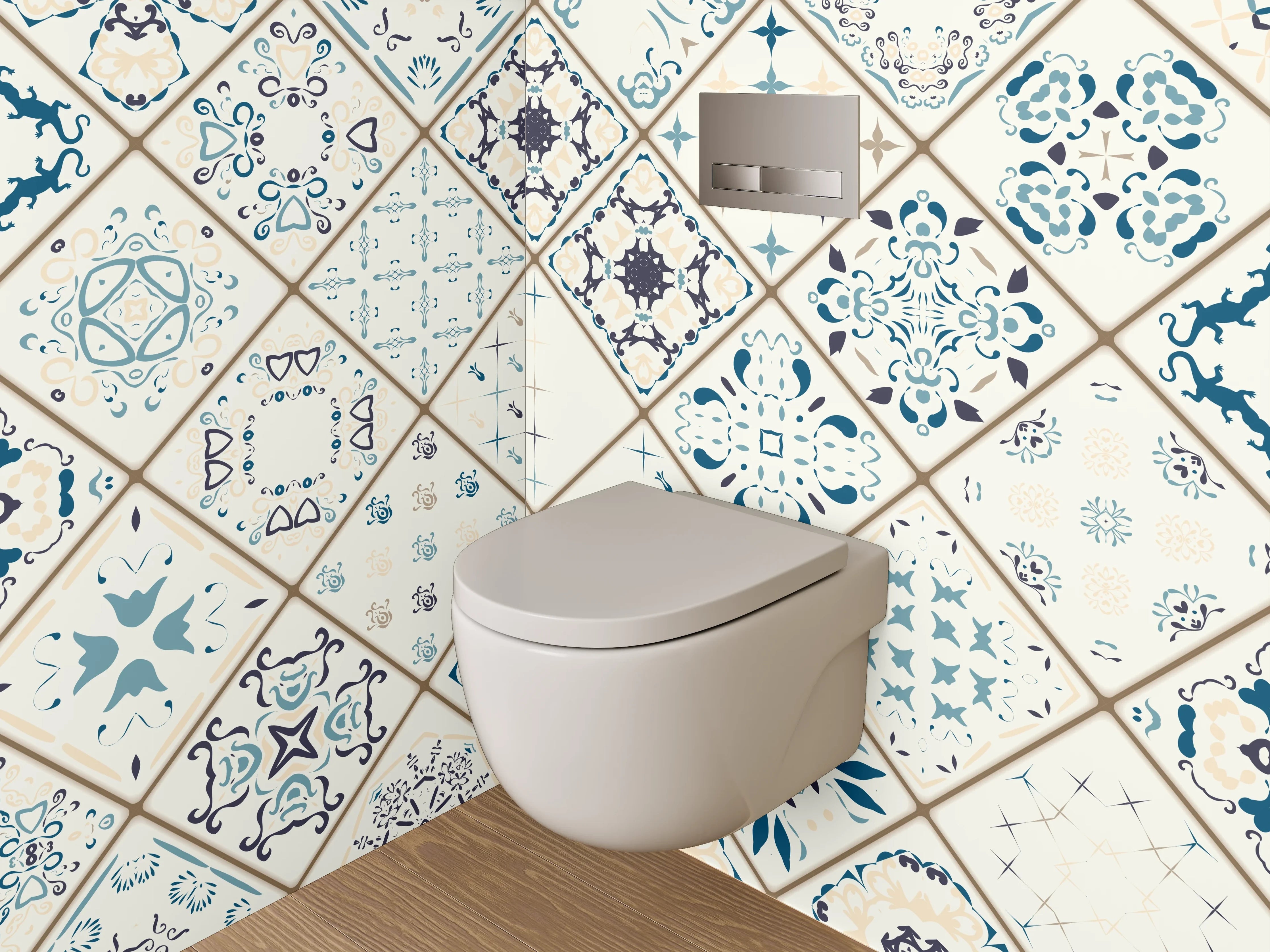 WC-Rückwand - Orientalische Fliesenmuster Blau Weiß