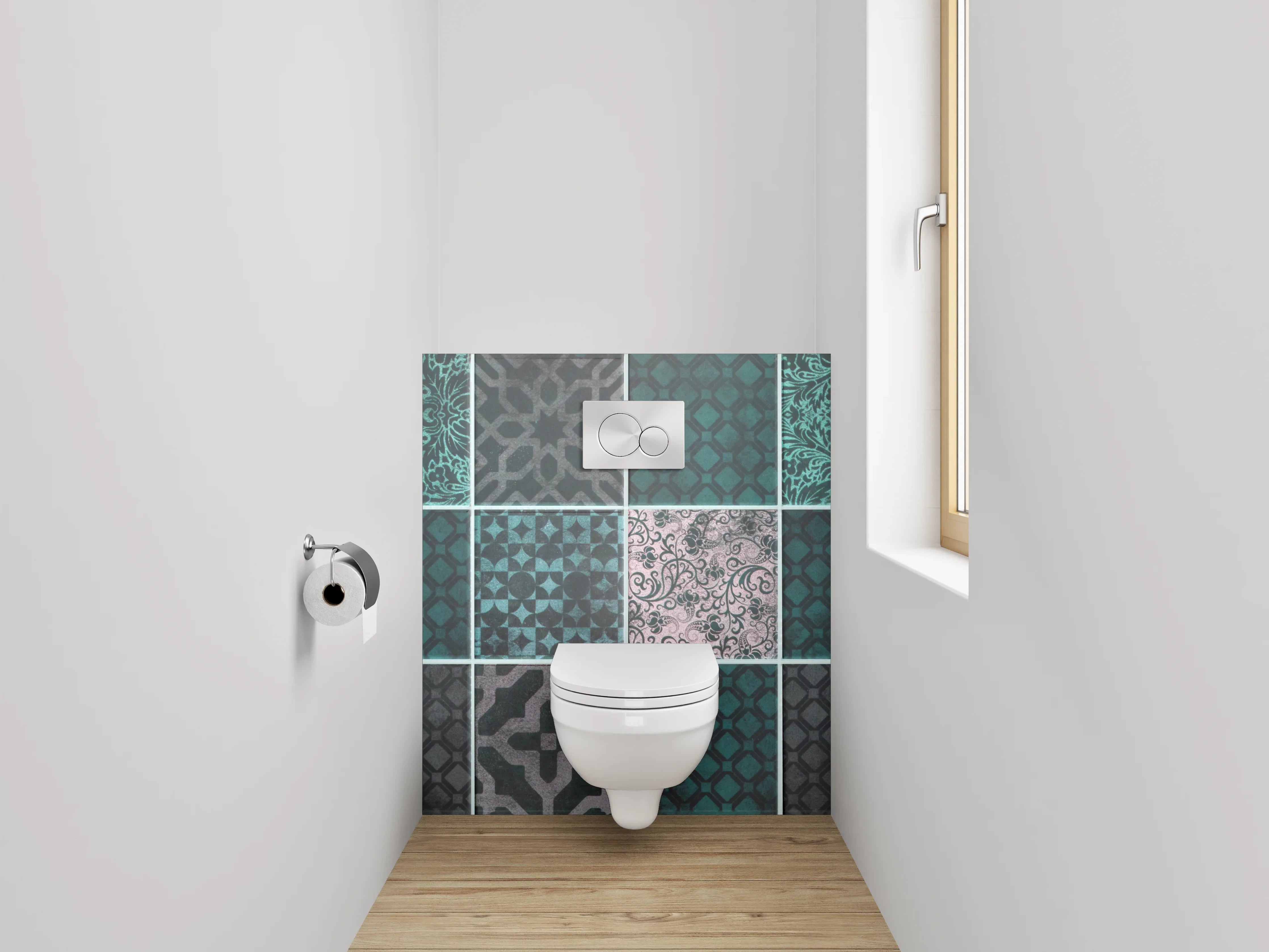 WC-Rückwand - Orientalische Fliesenmuster in Türkis und Grau