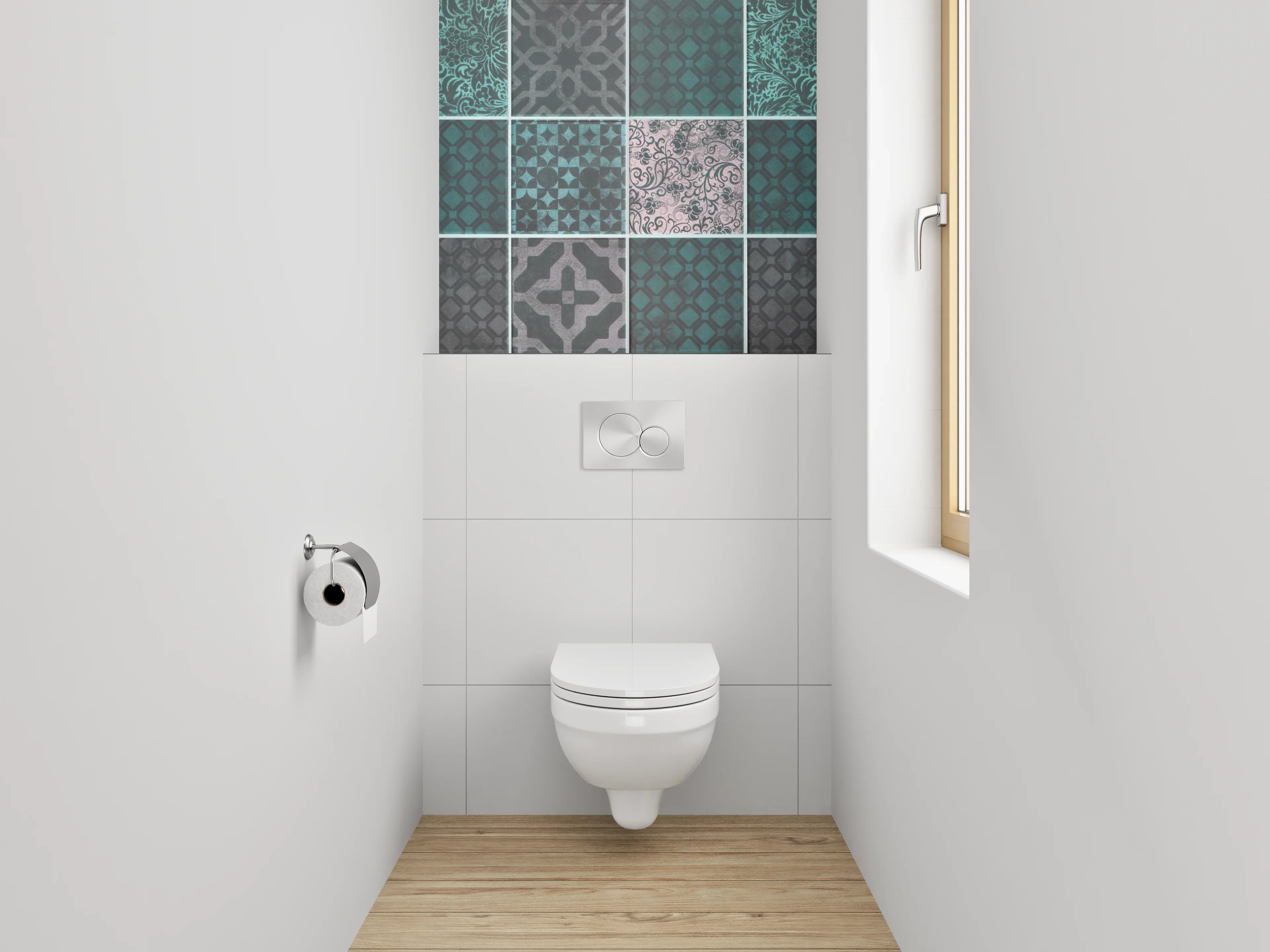 WC-Rückwand - Orientalische Fliesenmuster in Türkis und Grau