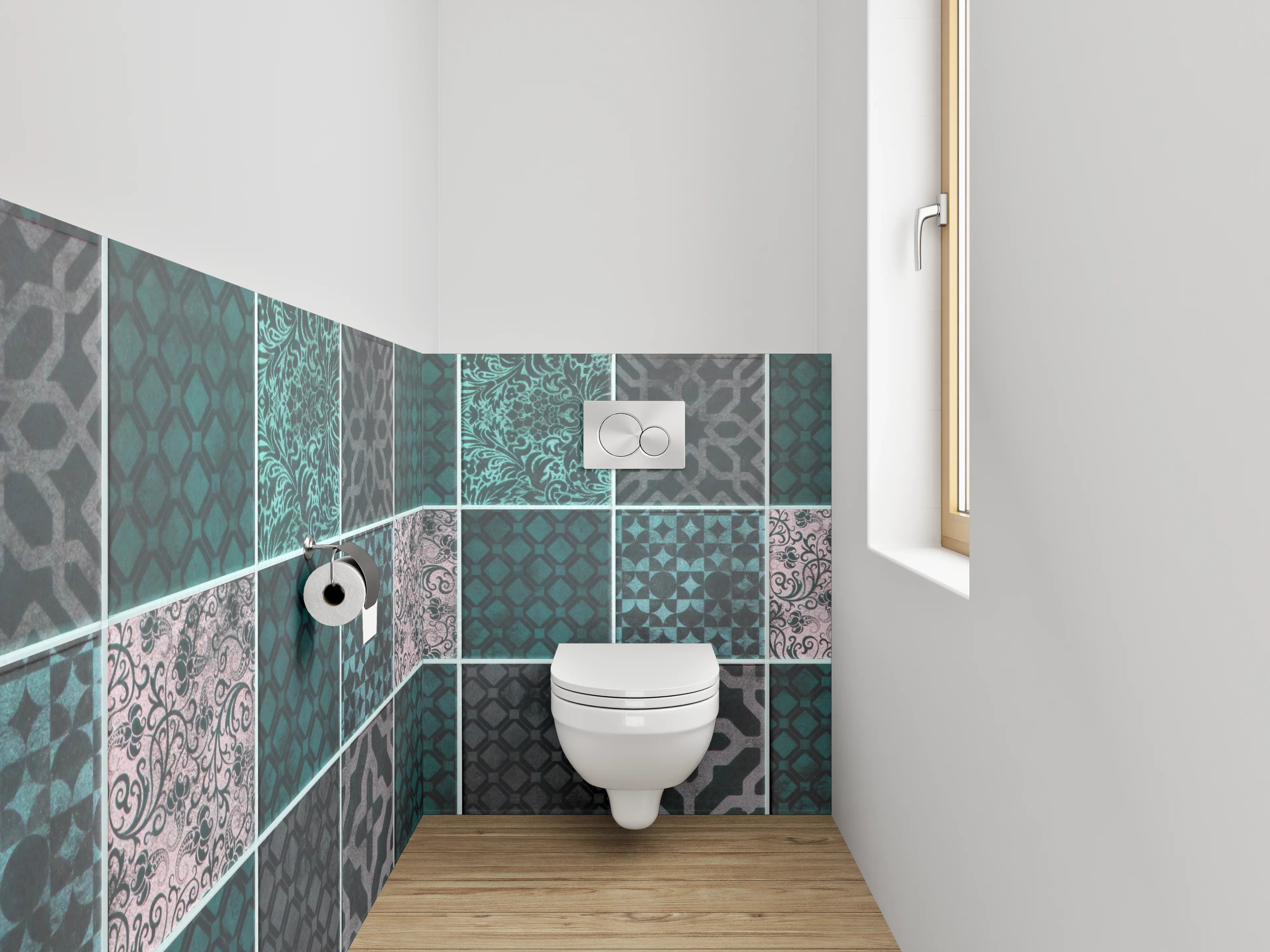WC-Rückwand - Orientalische Fliesenmuster in Türkis und Grau