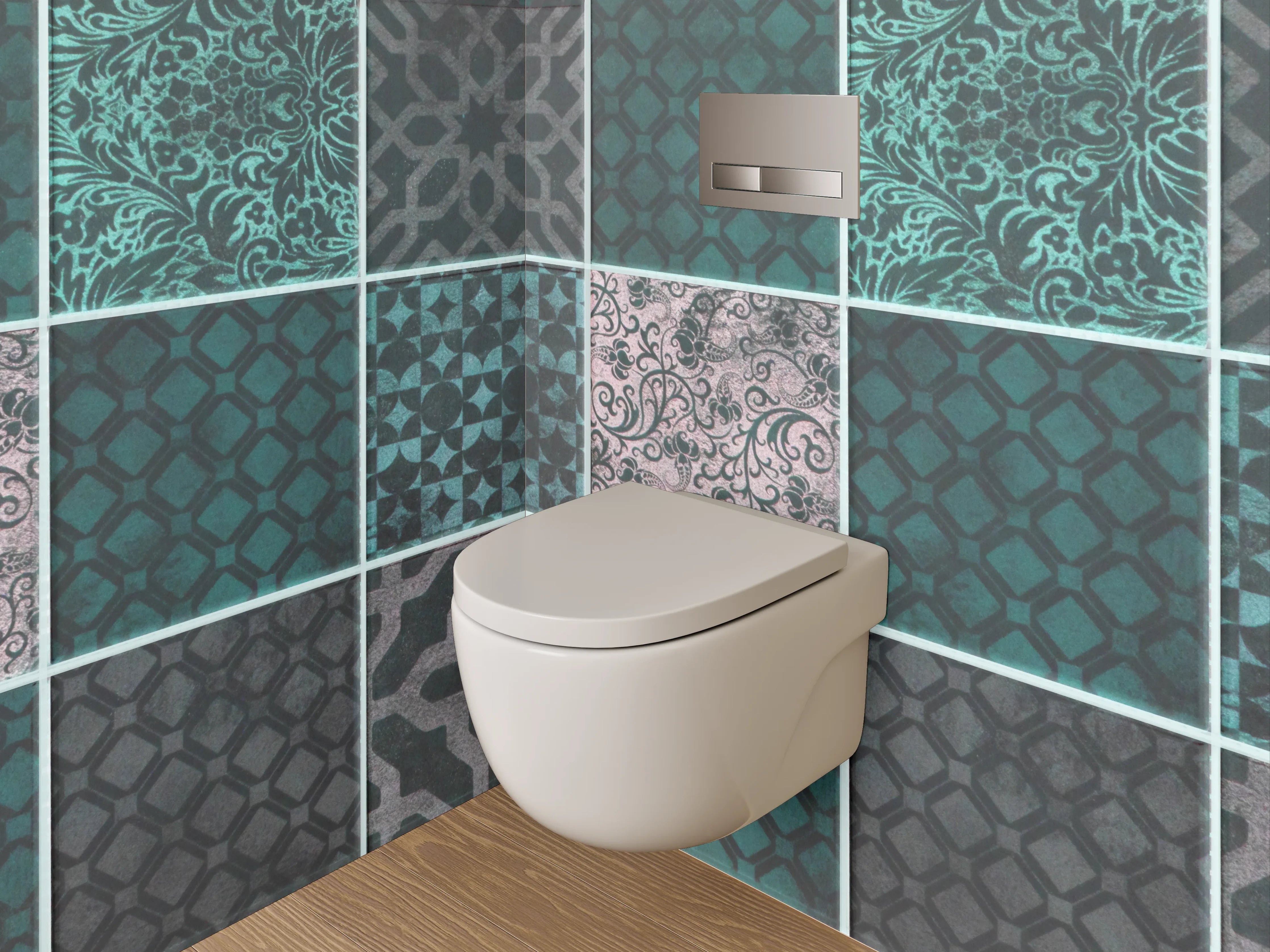 WC-Rückwand - Orientalische Fliesenmuster in Türkis und Grau