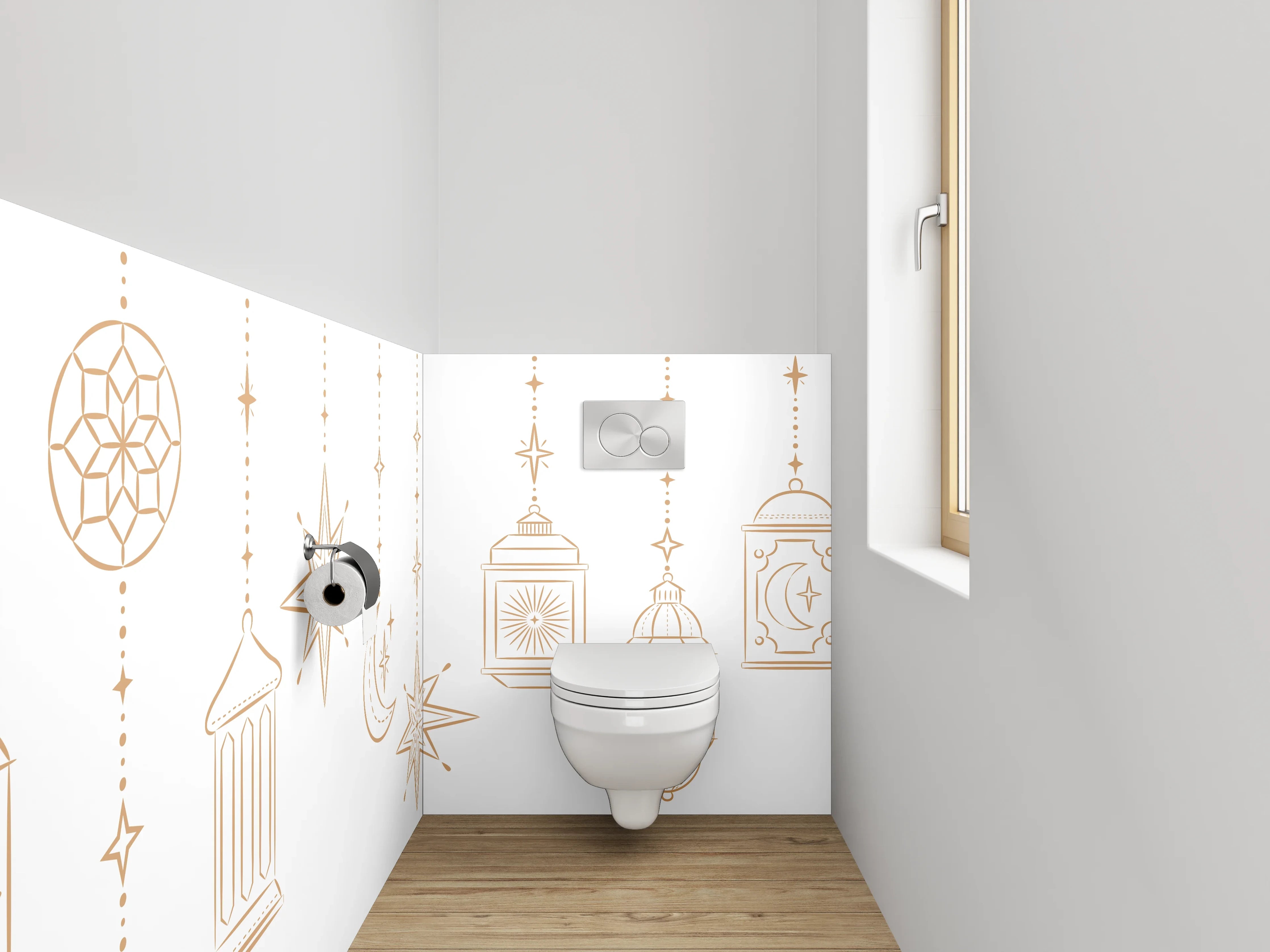 WC-Rückwand - Orientalische goldene Laternen & Sterne Muster