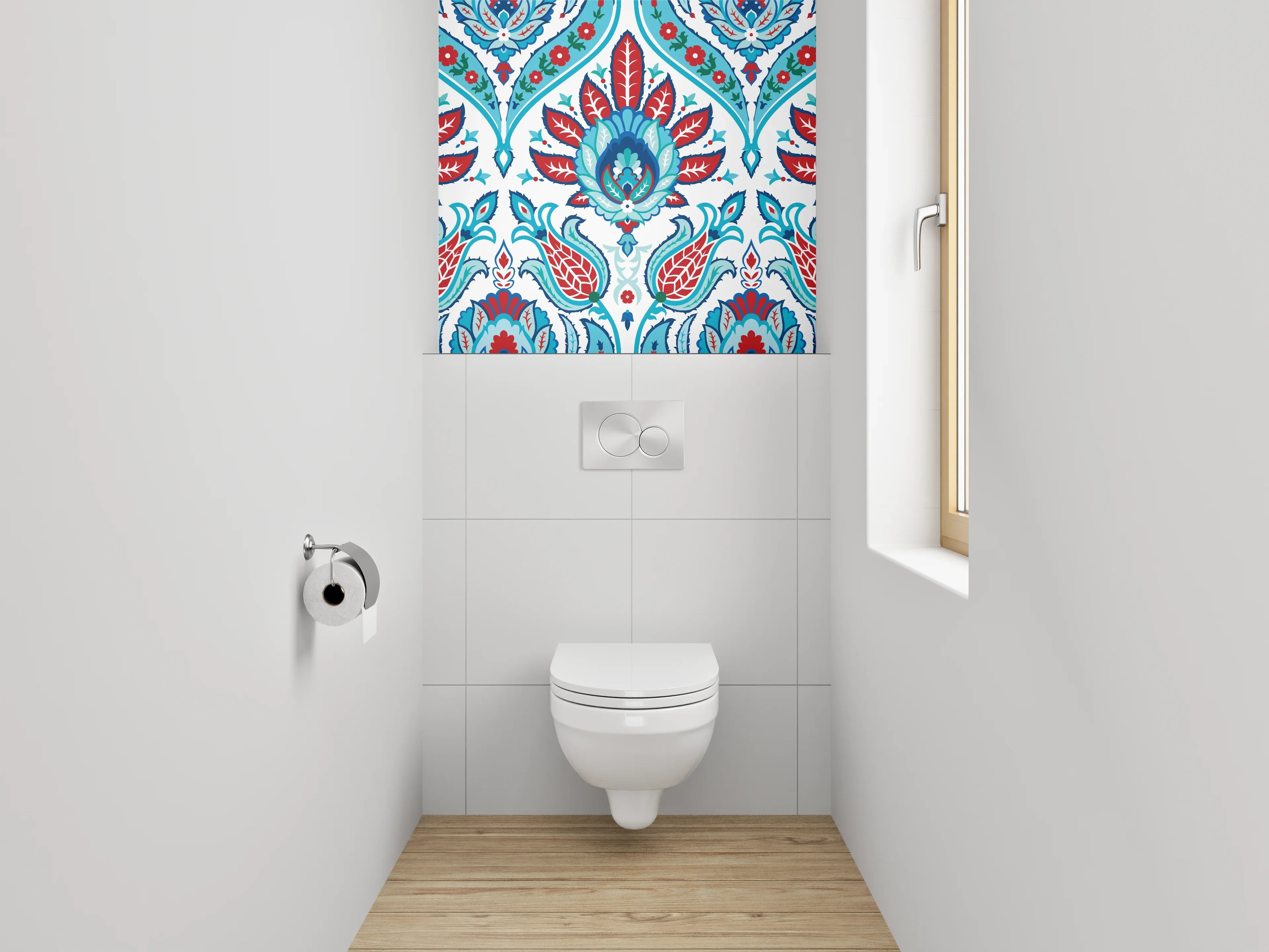 WC-Rückwand - Orientalisches Blütenmuster Rot Blau Türkis