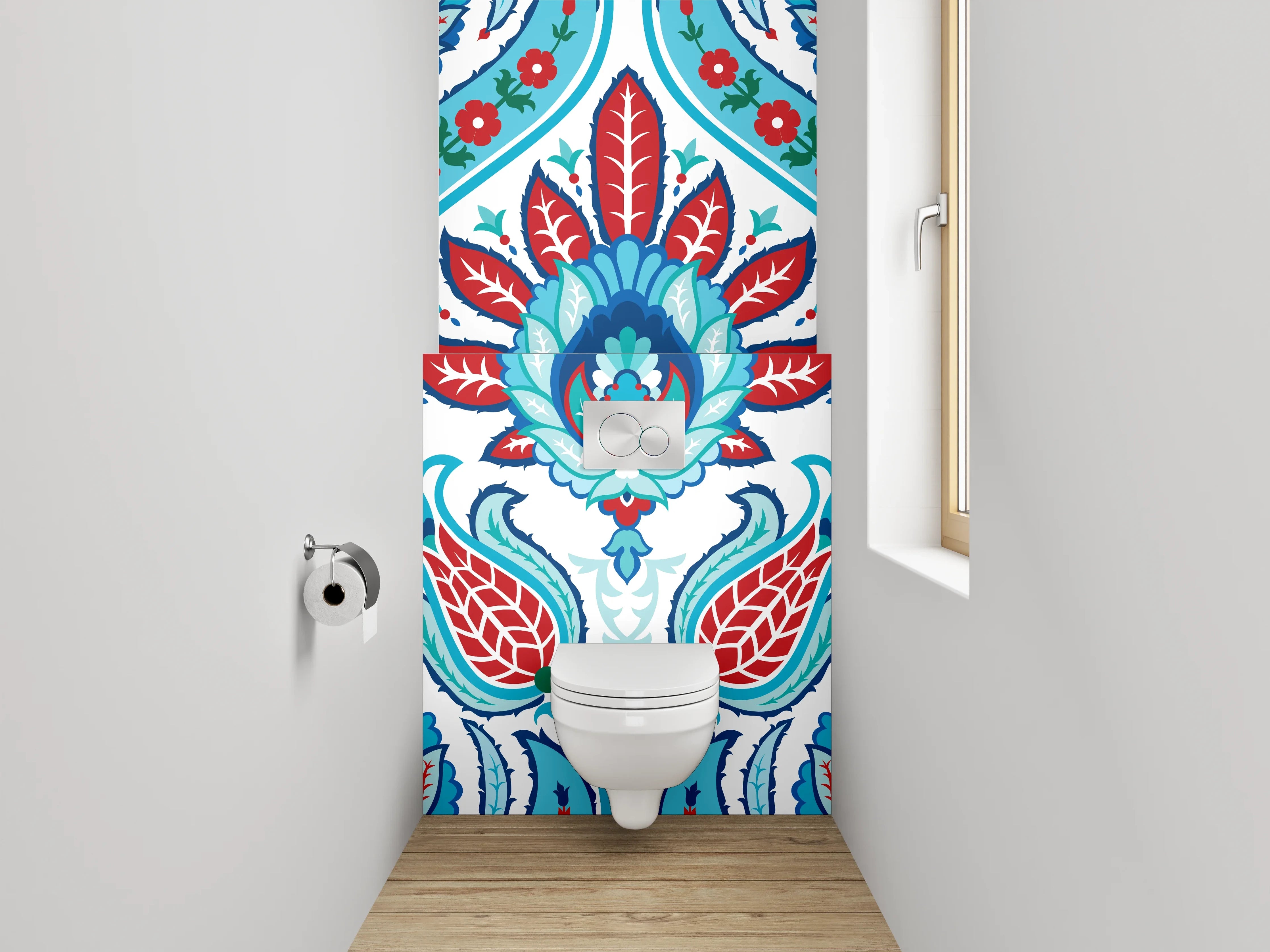 WC-Rückwand - Orientalisches Blütenmuster Rot Blau Türkis